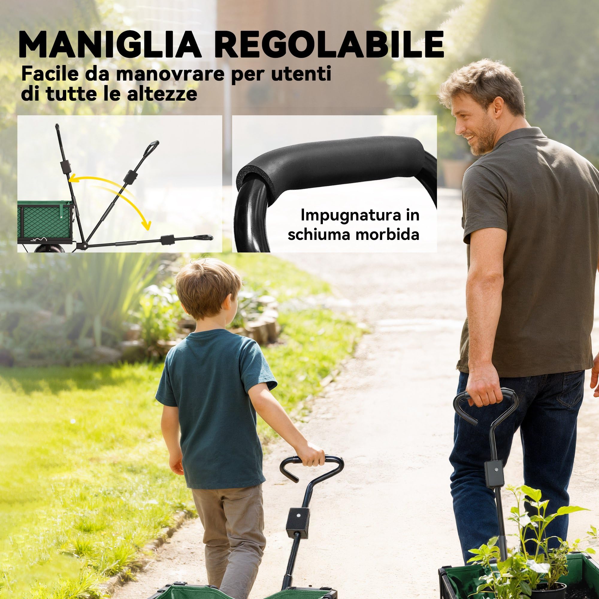 Outsunny Carrello da Giardino da 114L con 4 Ruote Grandi Capacità 200 kg, Carrello Spiaggia in Acciaio con Sacca Portaoggetti, Pareti Laterali Rimovibile e Maniglia Girevole, 105x51x54 cm, Verde