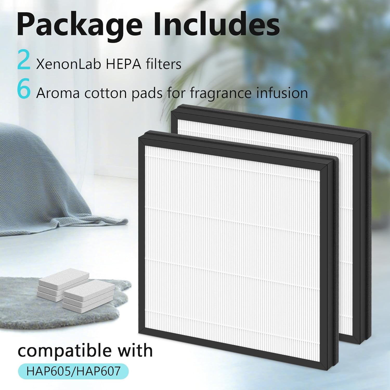 HAP605 Replacement Filters for XenonLab HAP605 HAP607 and for FreAire HAP605 HAP607 Air Purifier, 3-in-1 HAP607 HEPA Filter with Activated Carbon for Home with Extra 6pcs Aroma Pads, 2 Packs