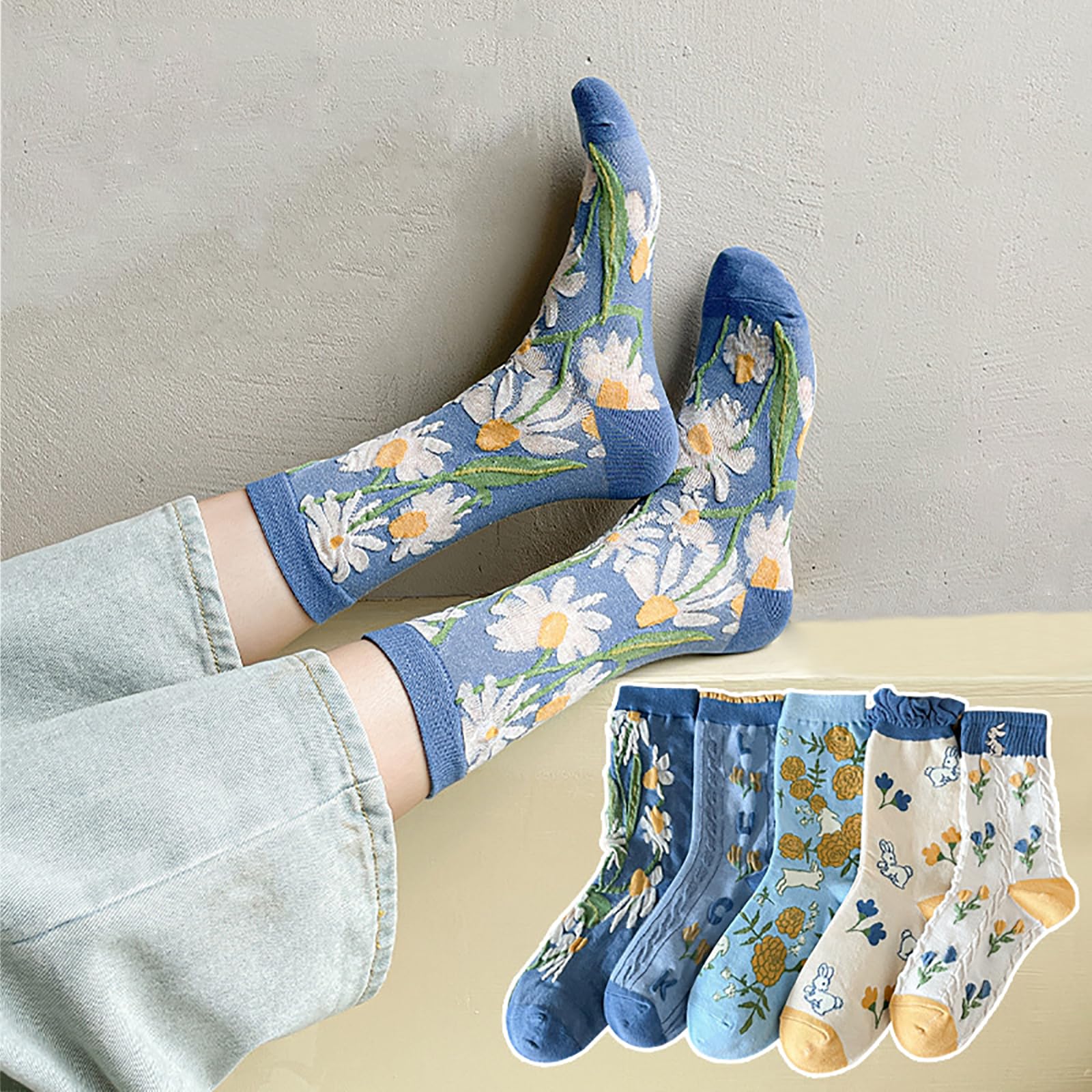 CEAeis 5 Paia Womens Floral Cotton Socks, Cartoon Modello di Fiore Calzini, Carino Fiore Cotone Crew Socks per Le Donne