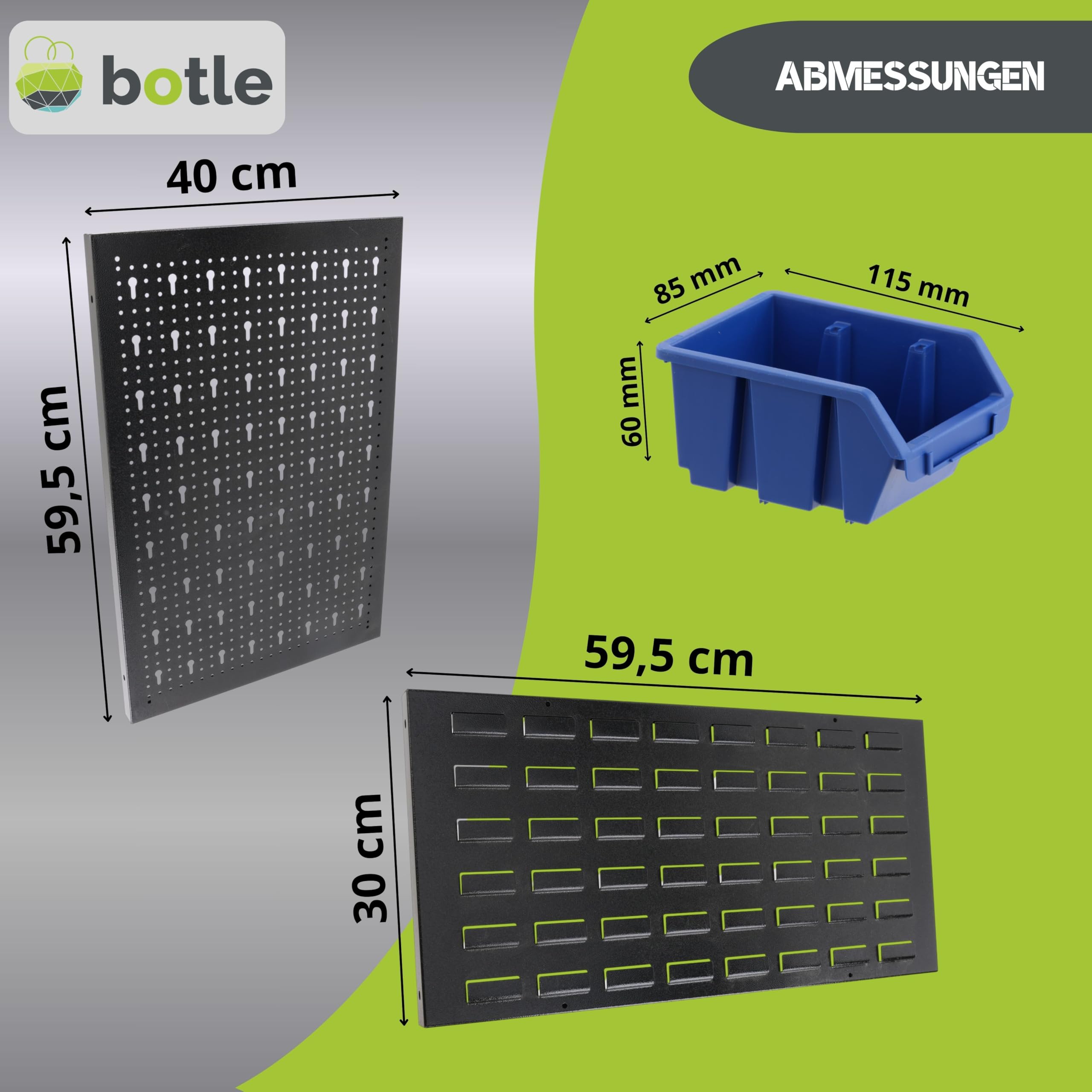 botle® Werkzeugwand Lochwand aus Metall, Stapelboxen + Wandregal + Werkzeughalter 63-tlg Set, Kleinteilelager, Wandwerkstatt mit 36 stapelbaren Blau Behältern, Hängeregal Sortierregal