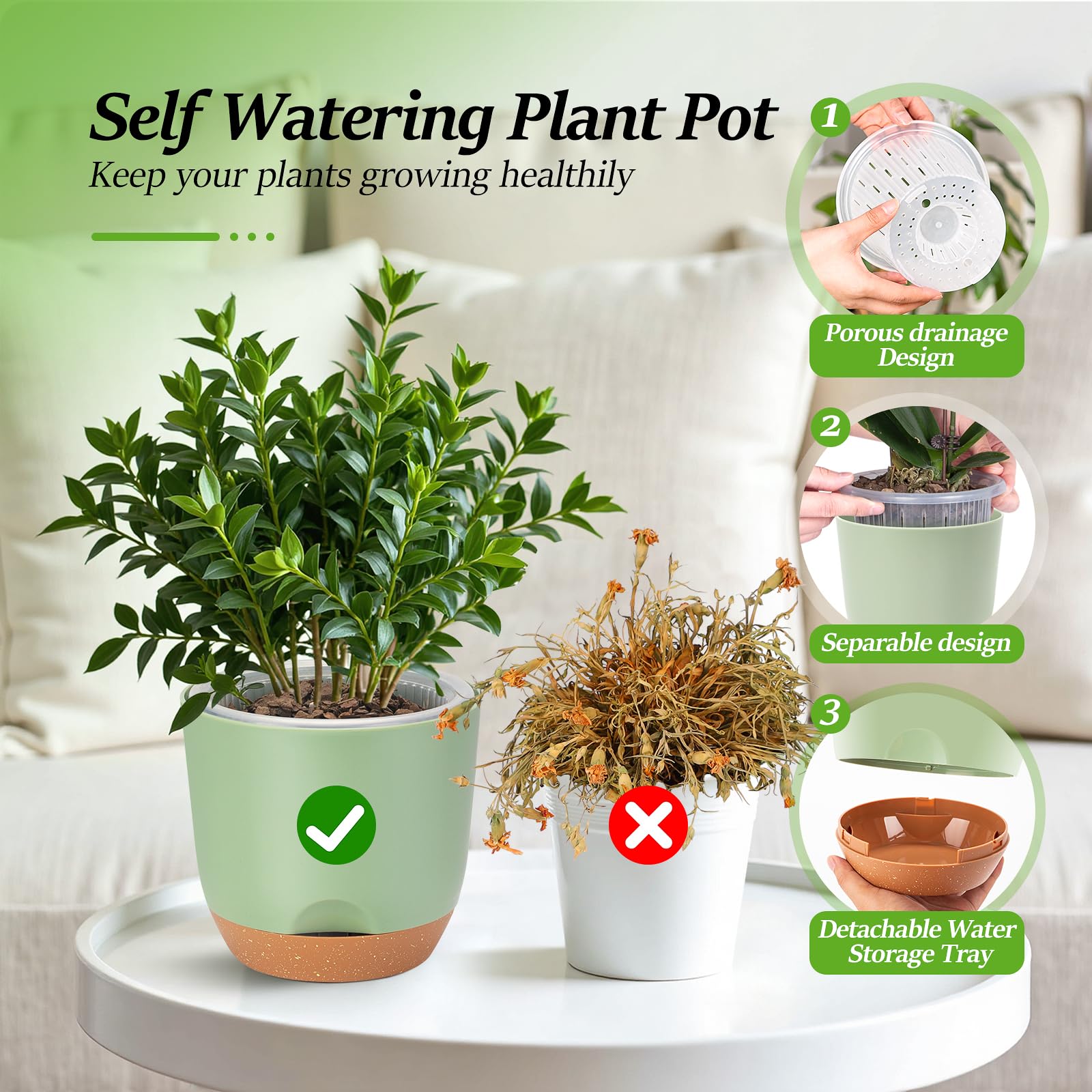 Macetas de riego automático de 7.2 pulgadas para plantas de interior con riego inferior, paquete de 2 macetas para exteriores con drenaje, macetas de plástico duradero (verde)