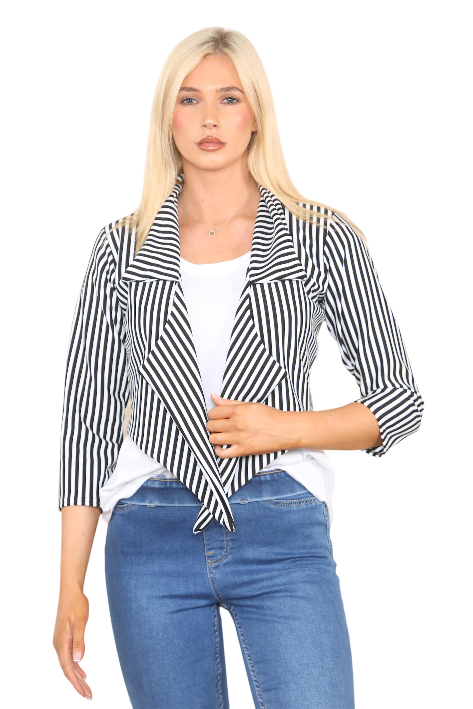 Grunge Wear® Women's 3/4 Sleeve Vertical Stripes Print Open Front Blazer Coat Top Plus Size S-3XL