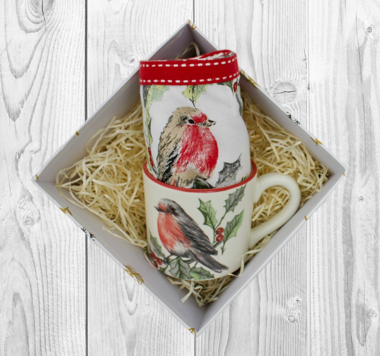 Robin Coffee Mug & Tea Towel Christmas Gift Box
