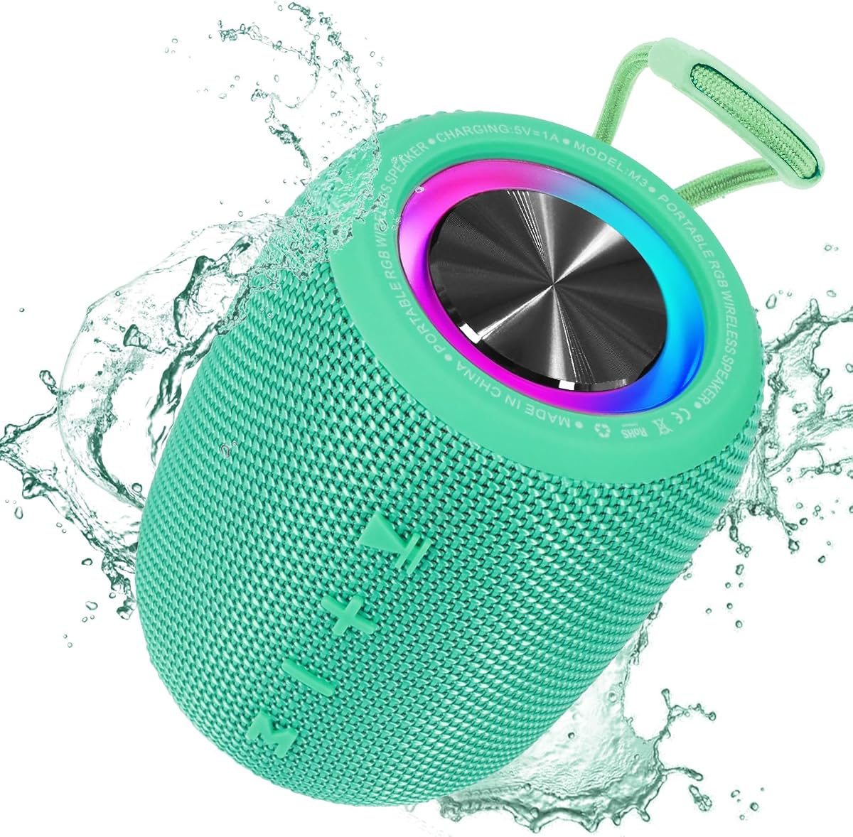 Altavoz Bluetooth portátil, graves de 20 W y altavoz inalámbrico resistente al agua IPX6 | Tiempo de reproducción de 16 horas, altavoz pequeño BT5.3 con luz LED múltiple compatible con USB, radio FM, tarjeta AUX/TF para el hogar, ciclismo, exteriores, playa