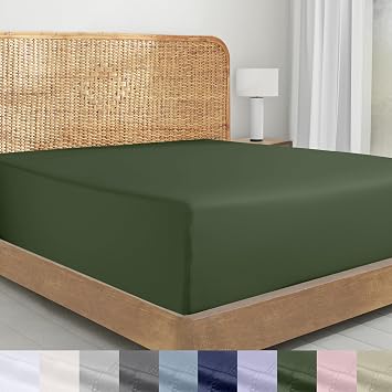 California Design Den Fitted Sheet Queen Only - 100% Organic Cotton Percale Fitted Sheet with Deep Pockets, Lightweight, Crisp and Durable - Olive Green