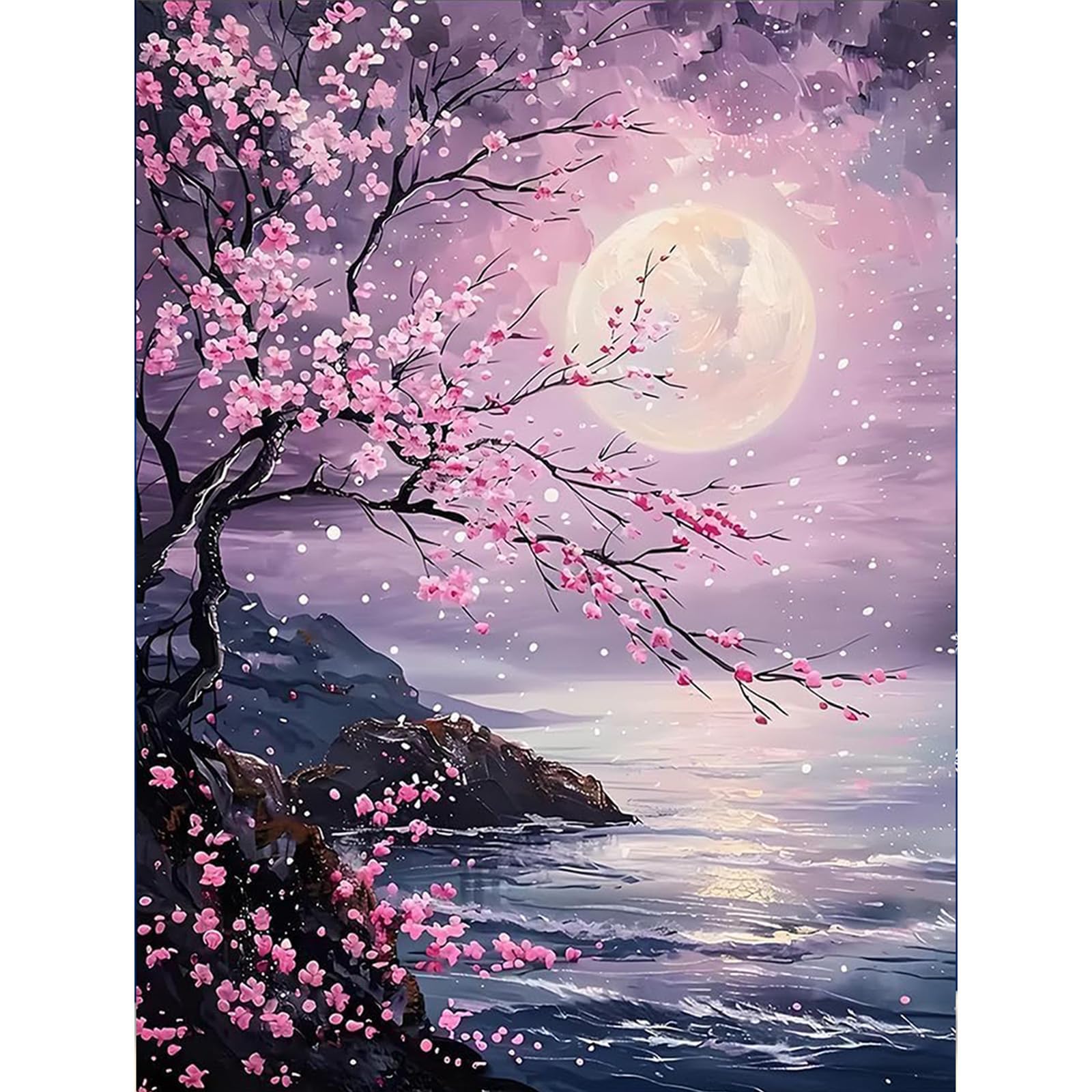 MISCER Moon Cherry Blossom Landscape Diamond Painting Kits for Adults, 5D Full Drill Round Gem Art Kit for Beginners, DIY Floral Night Sky Arts and Crafts for Home Wall Decoration, 30x40cm