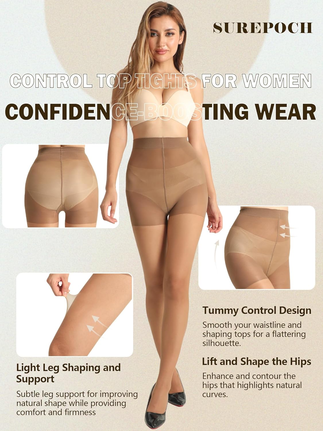 SUREPOCH 20D Sheer Tights Control Top Black Pantyhose for Women Tummy Control Nylon Stockings - Image 3