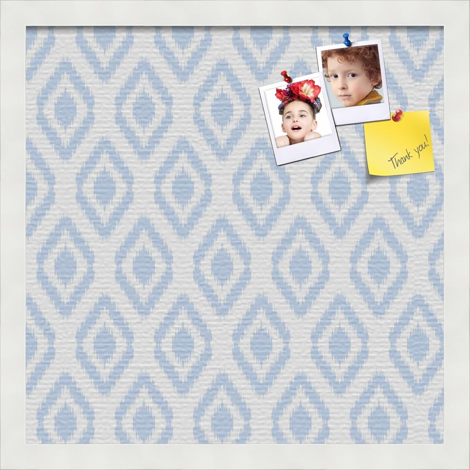 PinPix 16x16 inch Cork Bulletin Board. This Decorative Framed Pin Board Comes with Ikat Light Blue Design and a Satin White Frame Frame. Ideal for Home Office Decor (PinPix-1633)