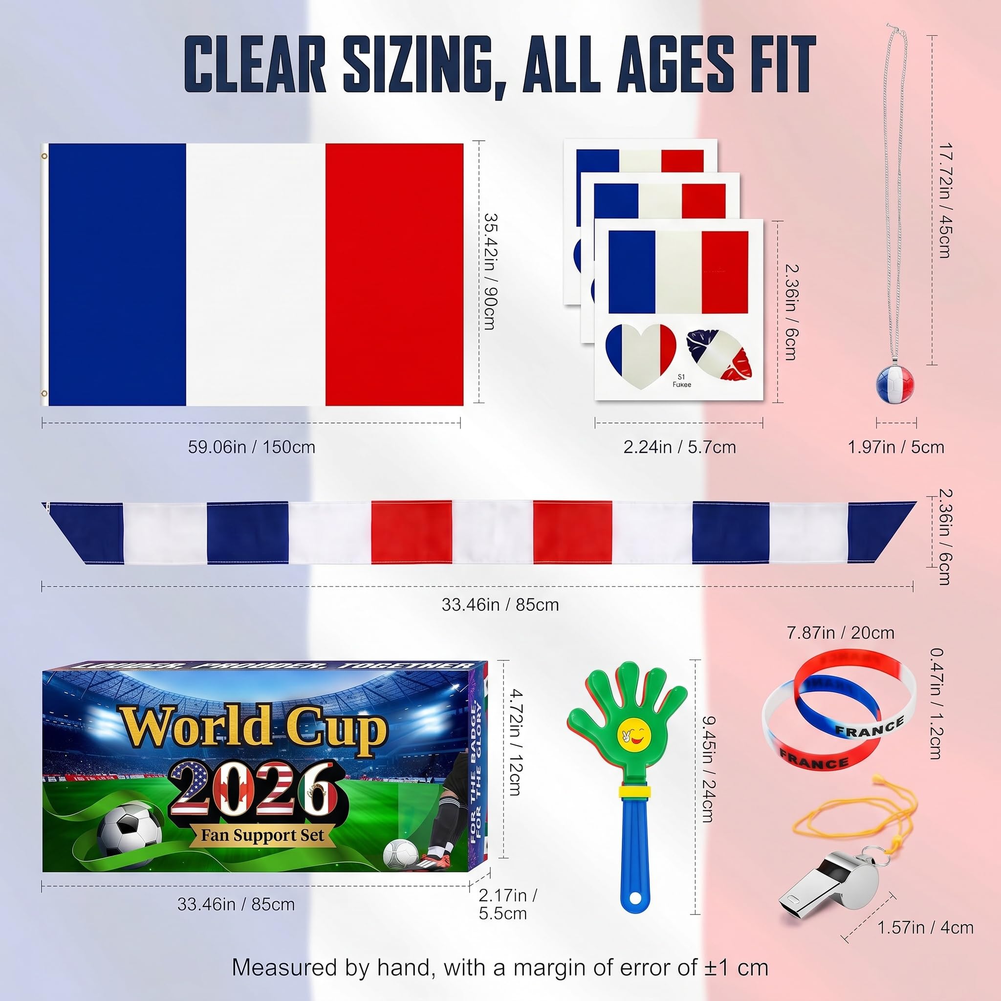 2026 World Cup Fan Accessories Kit 7PCS, Soccer Support Gear Set for Enthusiasts, Flag, Necklace, Wristband, Headband, Clapper, Whistle & Decals, Perfect for Watch Party & Stadium Events (France) - 4