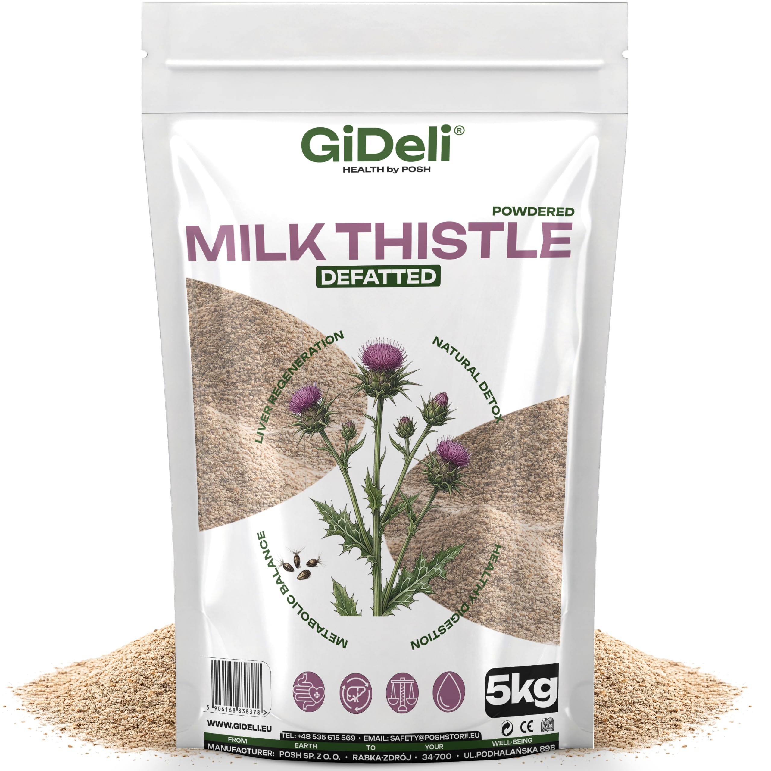 GiDeli Cardo mariano macinato, 5 kg, polvere pura al 100% senza additivi, per la dieta quotidiana, contenuto naturale di silymarina, ideale per yogurt, cereali, frullati e insalate, origine