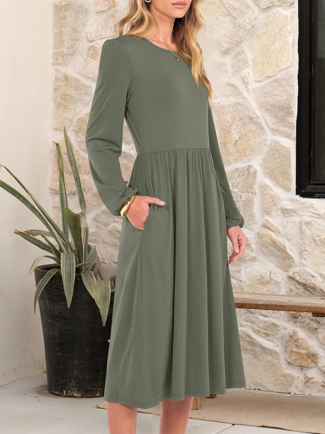 ANRABESS Women Long Sleeve Midi Dress Crewneck 2025 Fall Fashion Casual Flowy A-Line Long Dresses Vacation Outfit with Pocket - Image 4