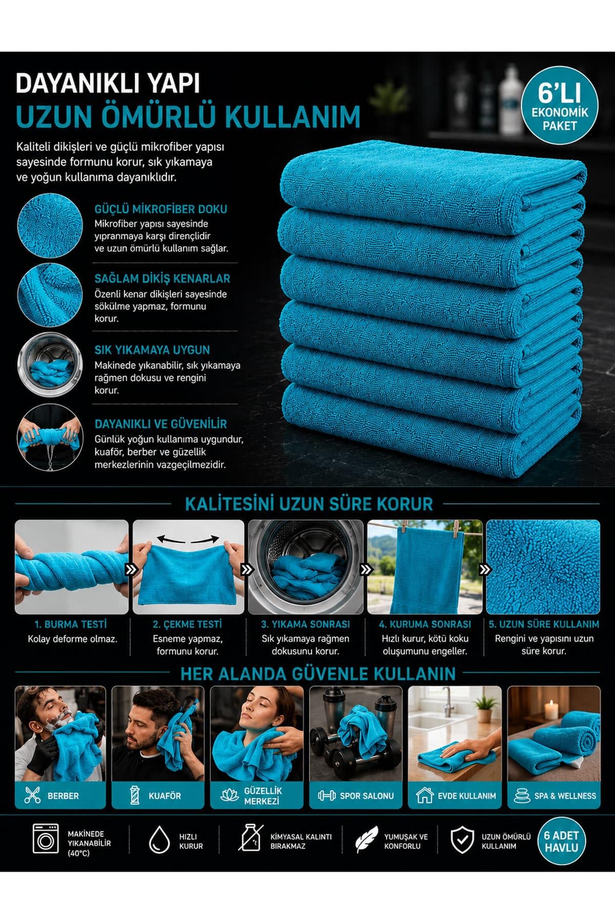 6'lı Paket Mikrofiber Kuaför Saç Havlusu Boya Tutmayan 50x90 Cm