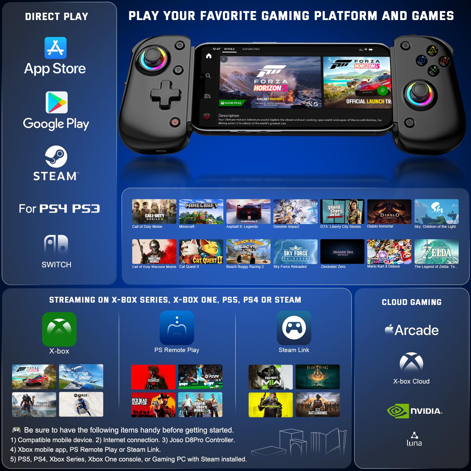 Joso Contrôleur de téléphone D8Pro pour iOS/Android/PC/Tablette/Switch/PS avec M1/M2 programmable/Turbo/6-Axis Gyro/Vibration Jouer à Call of Duty, Roblox, Cloud Gaming, Jouer à Distance