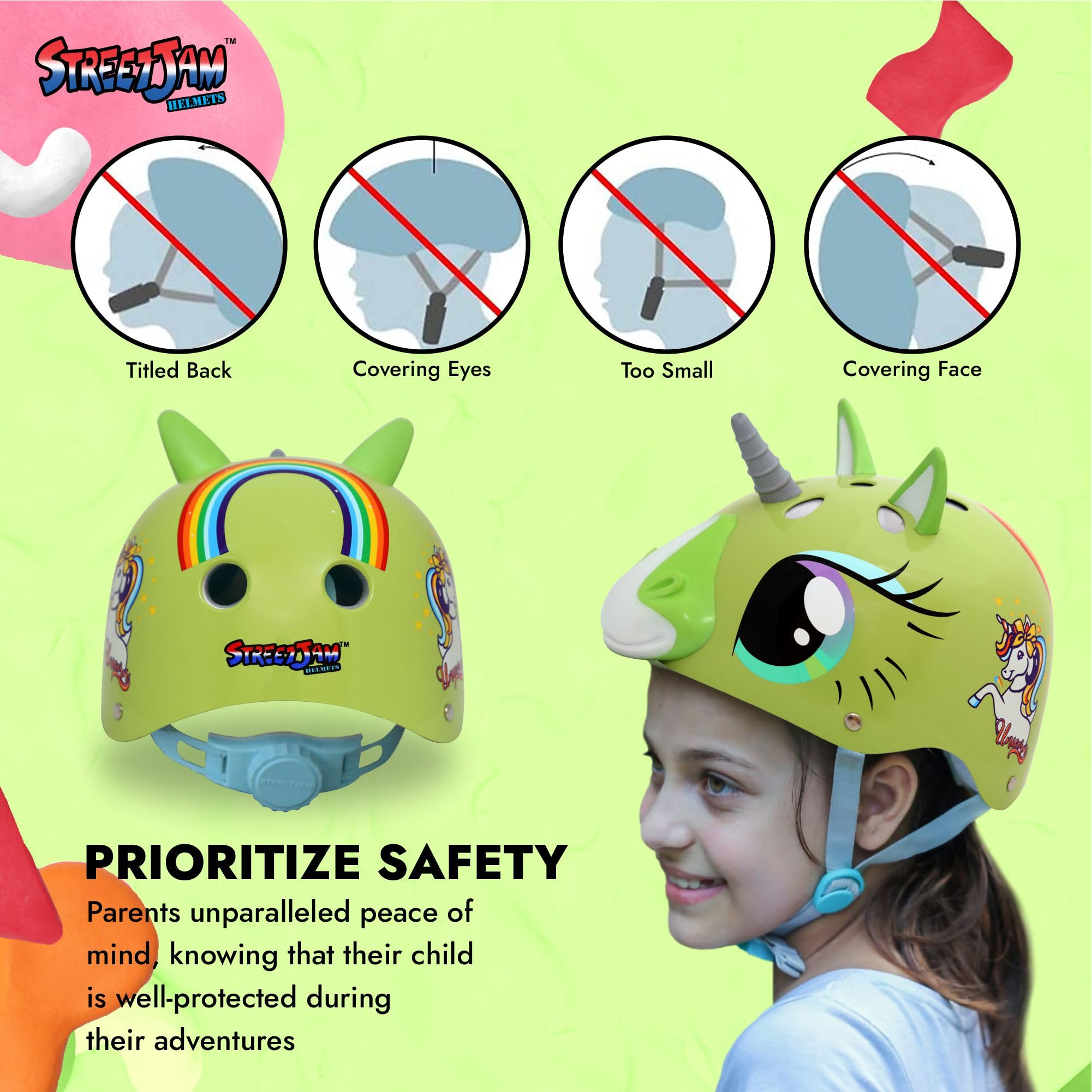 STREETJAM Magic Unicorn Open Face Sports Helmet for Kids, Hard PP Outer Shell, EPS Inner Comfort Linner case, Adjustable Strap & Adjuster Dial, Unisex Helmet for Cycling (5-8 Years, Light Green) 3