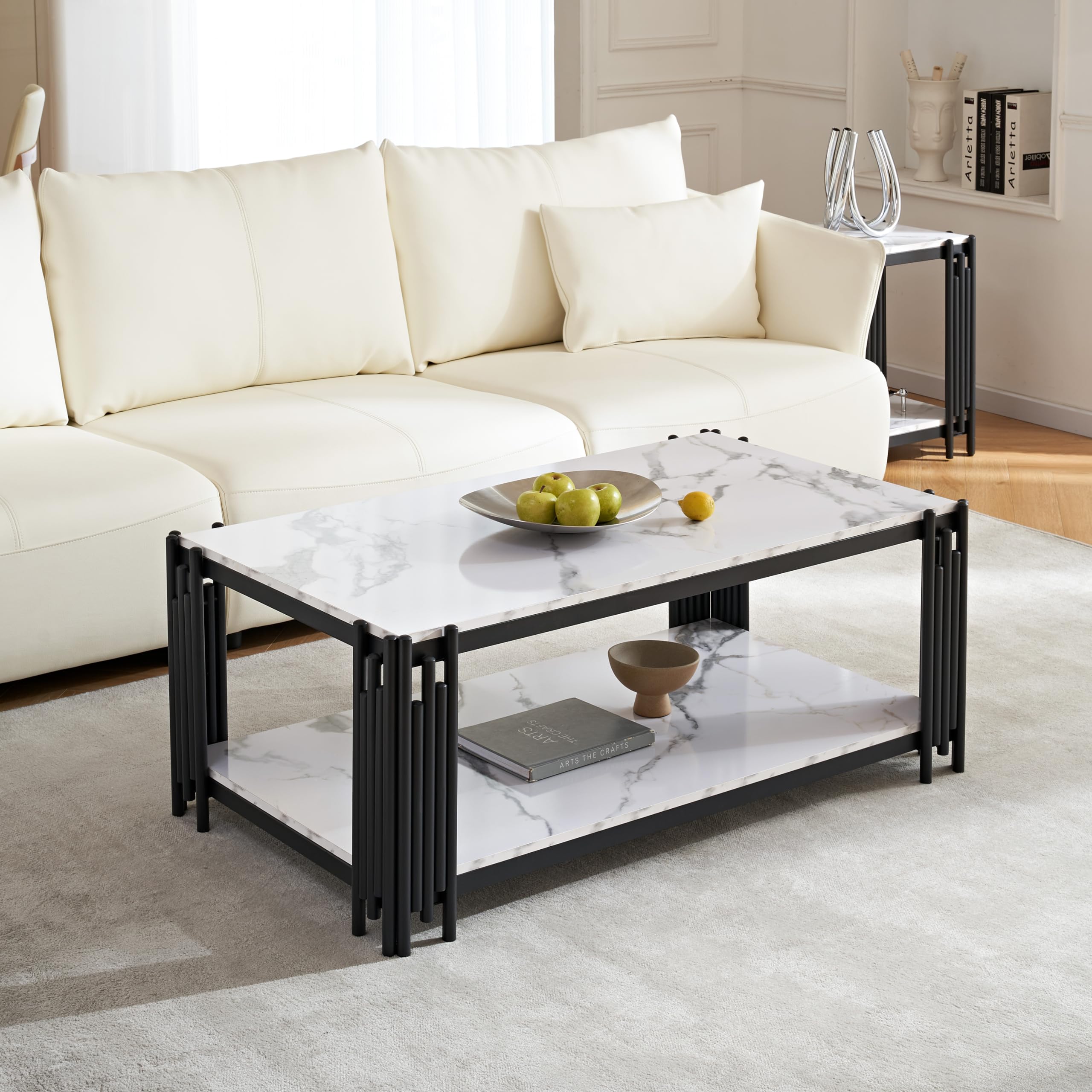 48" Rectangle White Marble Coffee Table Luxury 2-Tier Center Coffee Table with Black Metal Frame Modern Living Room Table Elegant Accent Cocktail Tea