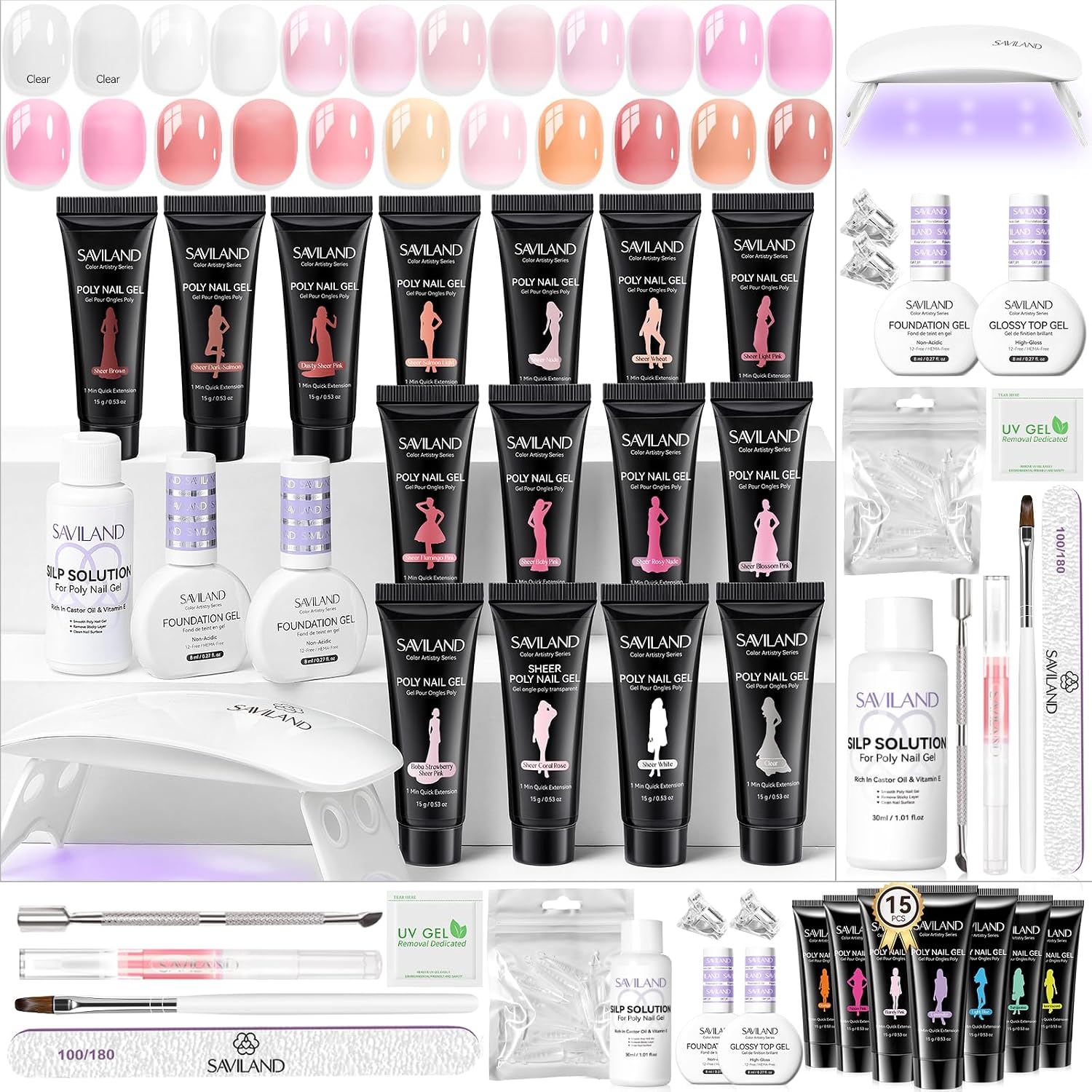 SAVILAND 15 Colors Poly Extension Nail kit with U V Lamp for Home Salon DIY