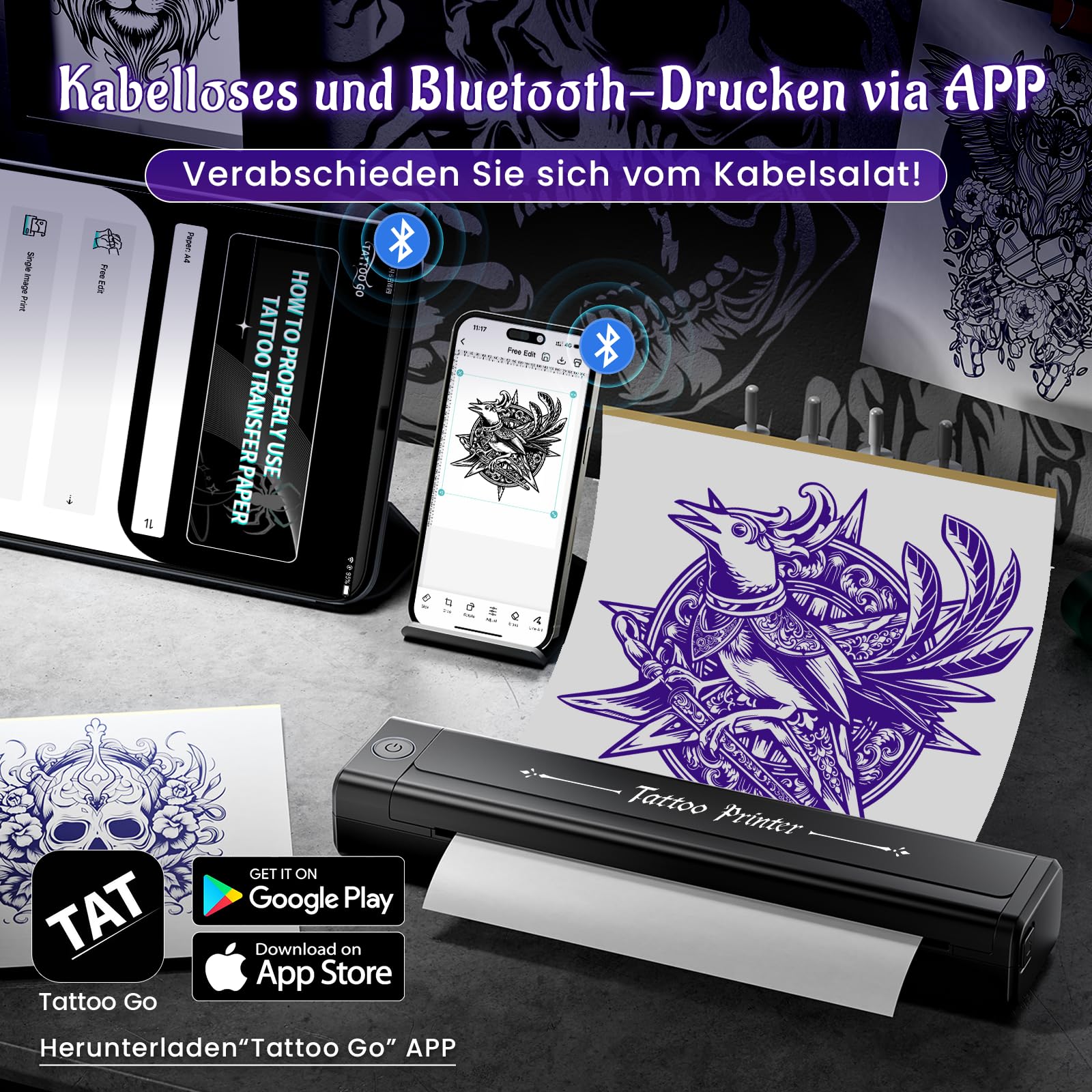 Yowell H1 Tattoo Drucker Bluetooth, Stencil Drucker, Tattoo-Drucker mit 10 Blatt Transferpapier, Tattoo-Stencil-Drucker für Smartphone & PC, Thermodrucker-Tattoo für Künstler und Anfänger, Schwarz
