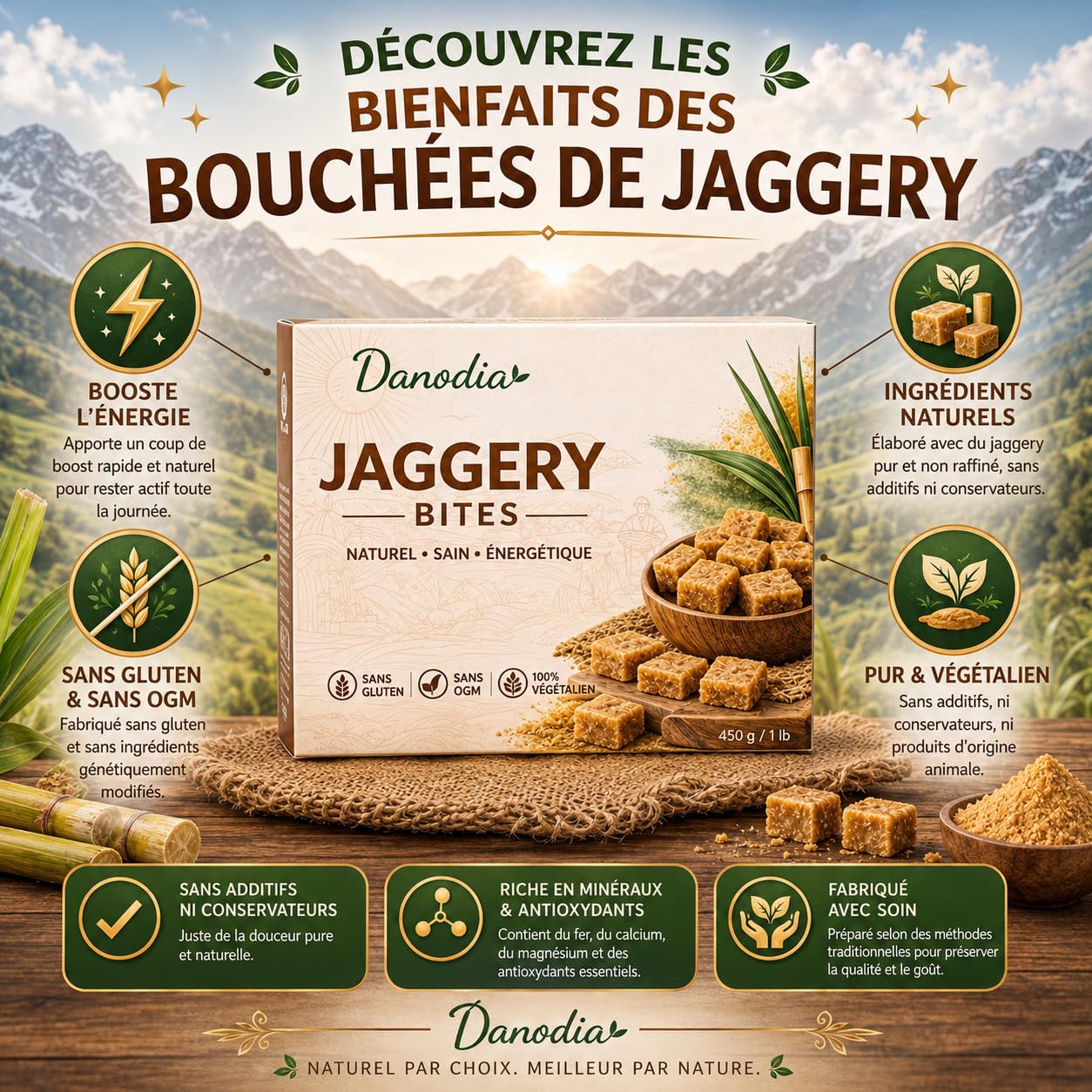 Danodia Foods Bouchées de Jaggery 450 g / 0,99 lb | Sucrant traditionnel indien non raffiné en petits carrés | Alternative au sucre blanc | Pour thé, lait, desserts et pâtisserie