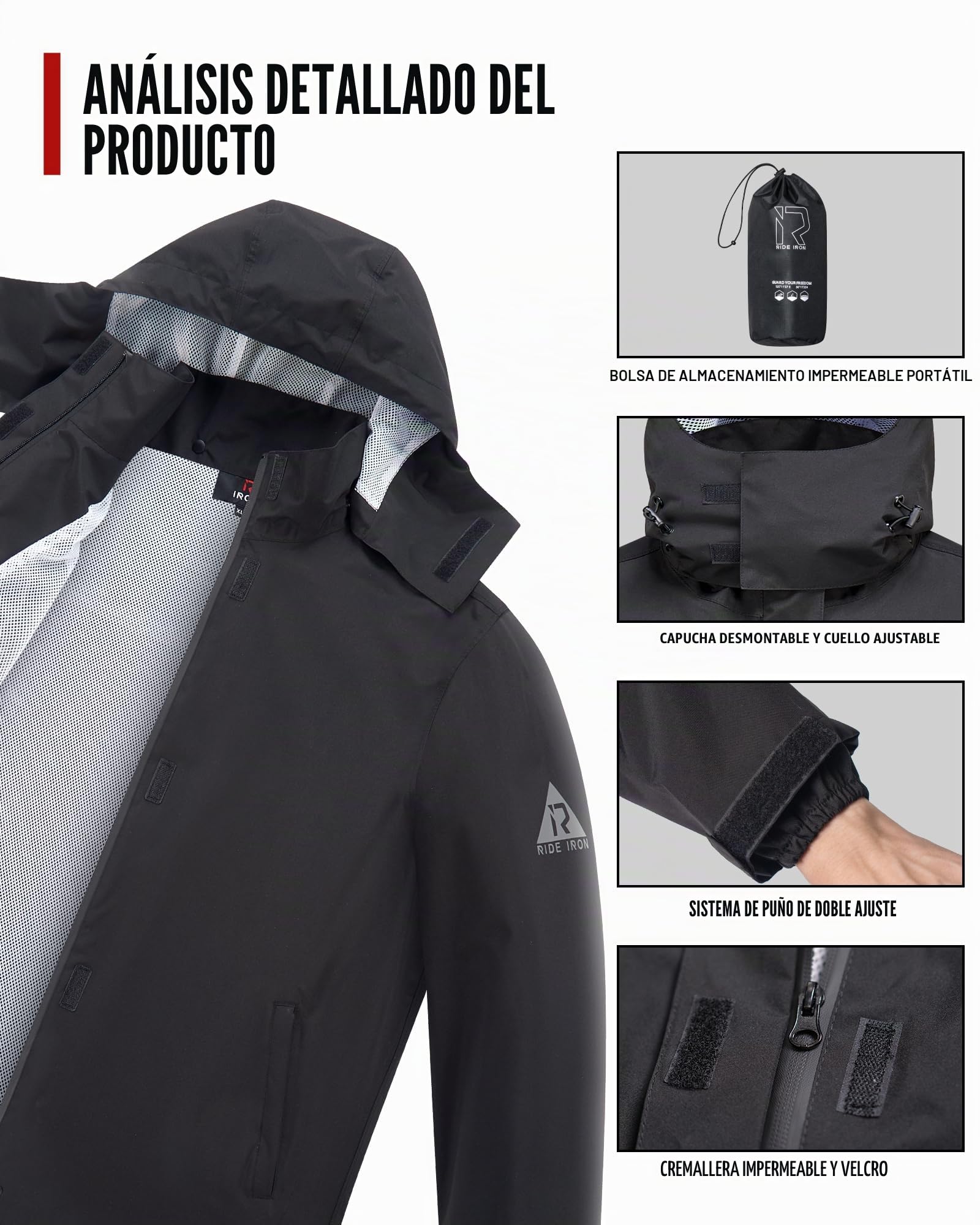 RIDEIRON Conjunto Lluvia Moto Hombre 2 Piezas - Impermeable 15000mm, Cortavientos con Reflectantes y Capucha