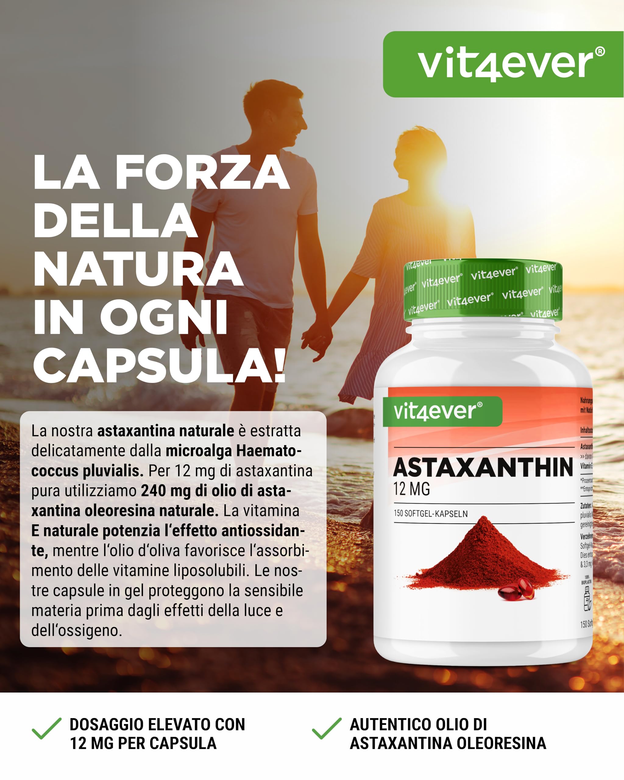 Astaxantina 12 mg - 150 capsule softgel (scorta 10 mesi) - Premium: vera astaxantina da microalga Haematococcus pluvialis pura - Ottimizzata con vitamina E e olio d’oliva