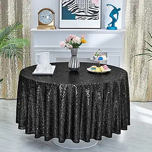 Hahuho 90 inch Round Sequin Tablecloth Black, Glitter Tablecloth for Bridal Shower Decorations, Birthday, Wedding, Dessert, Banquet(90 inch Round, Black)