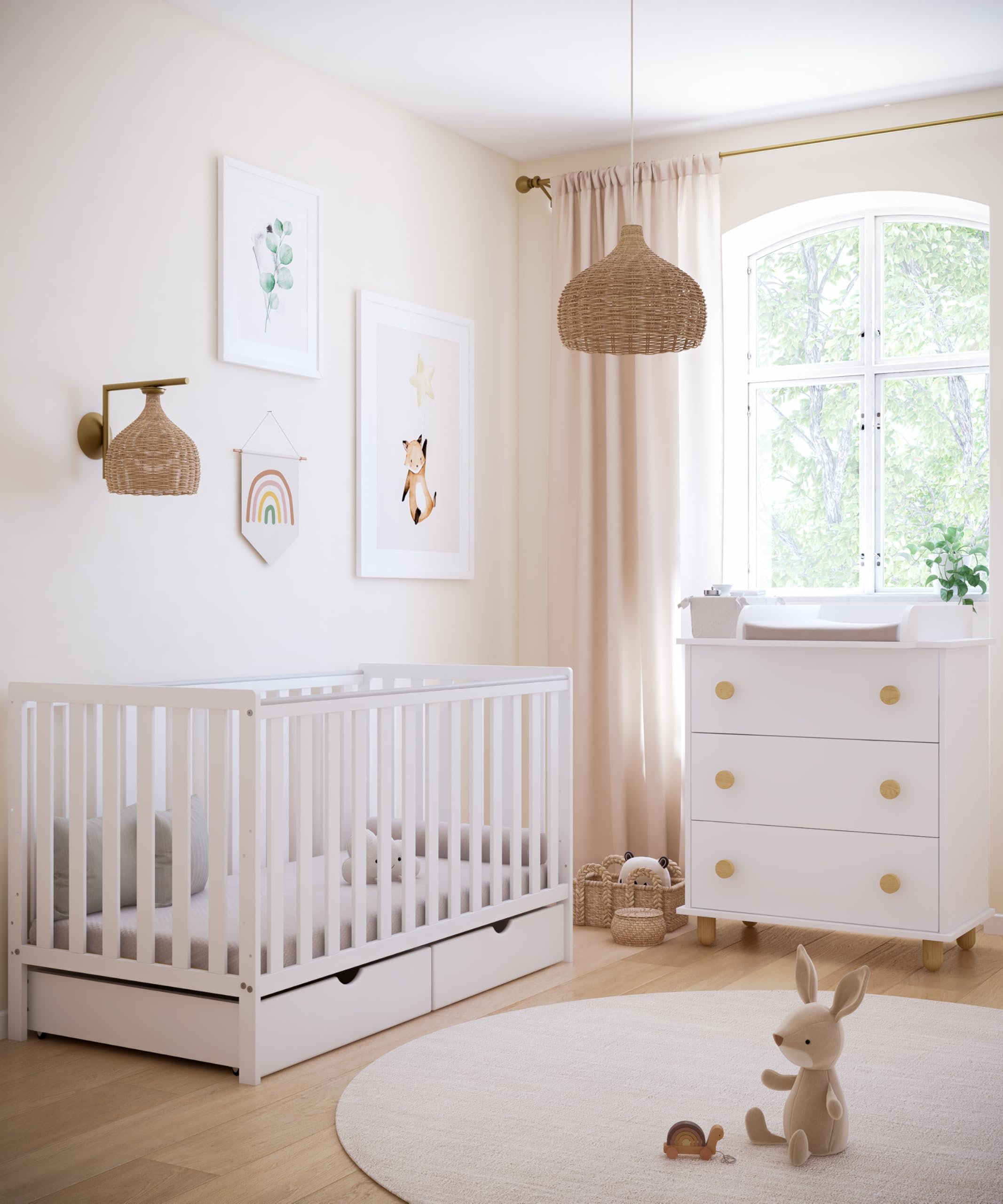 zee Cuna Bebé 140x70 cm Bambi 2 en 1 Convertible en Cama Infantil Blanco con 2 Cajones Protección Mordida Ajustable 3 Alturas Cuna Madera