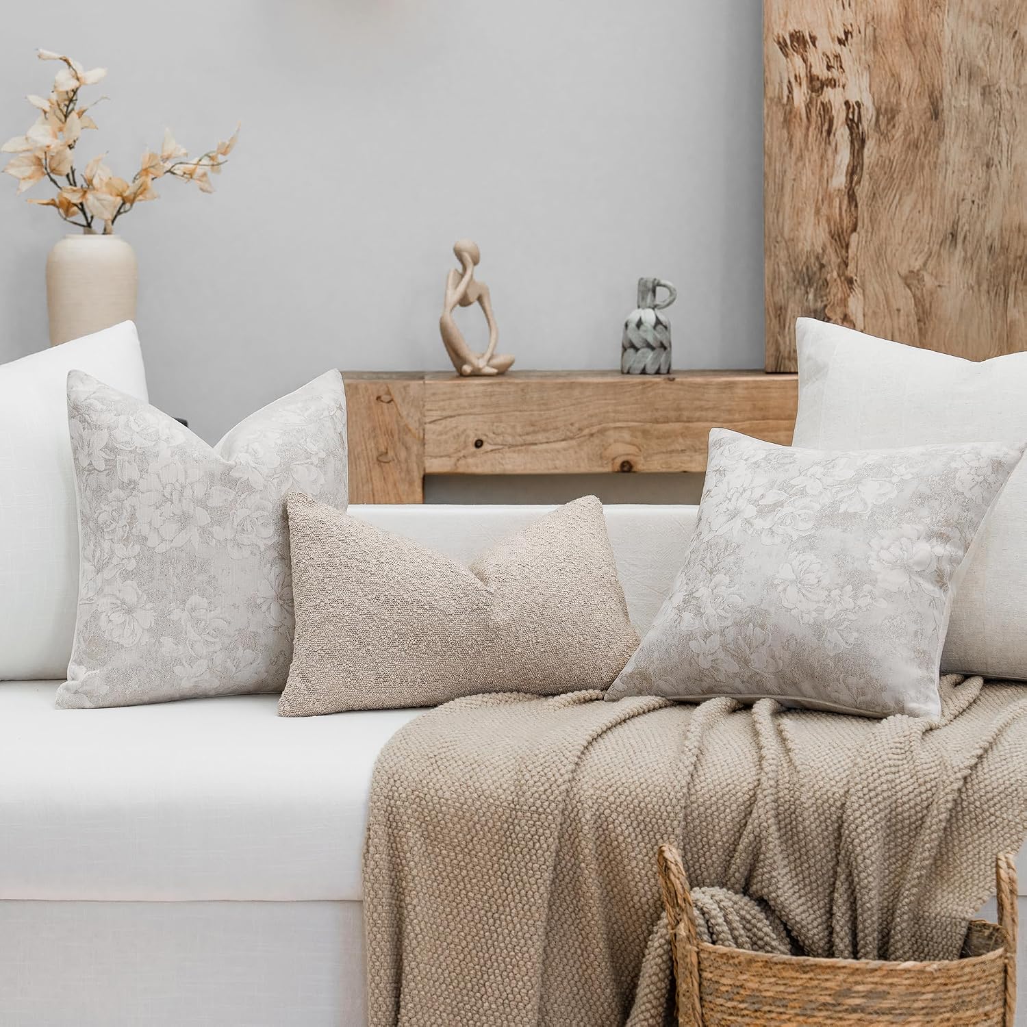 FIOUOVO Floral Throw Pillow Covers 20x20 Set of 2 Chenille Textured Vintage Pillow Covers Farmhouse Neutral Pillowcases Decorative Cushion Covers for Sofa Couch Living Room Home Decor, Beige