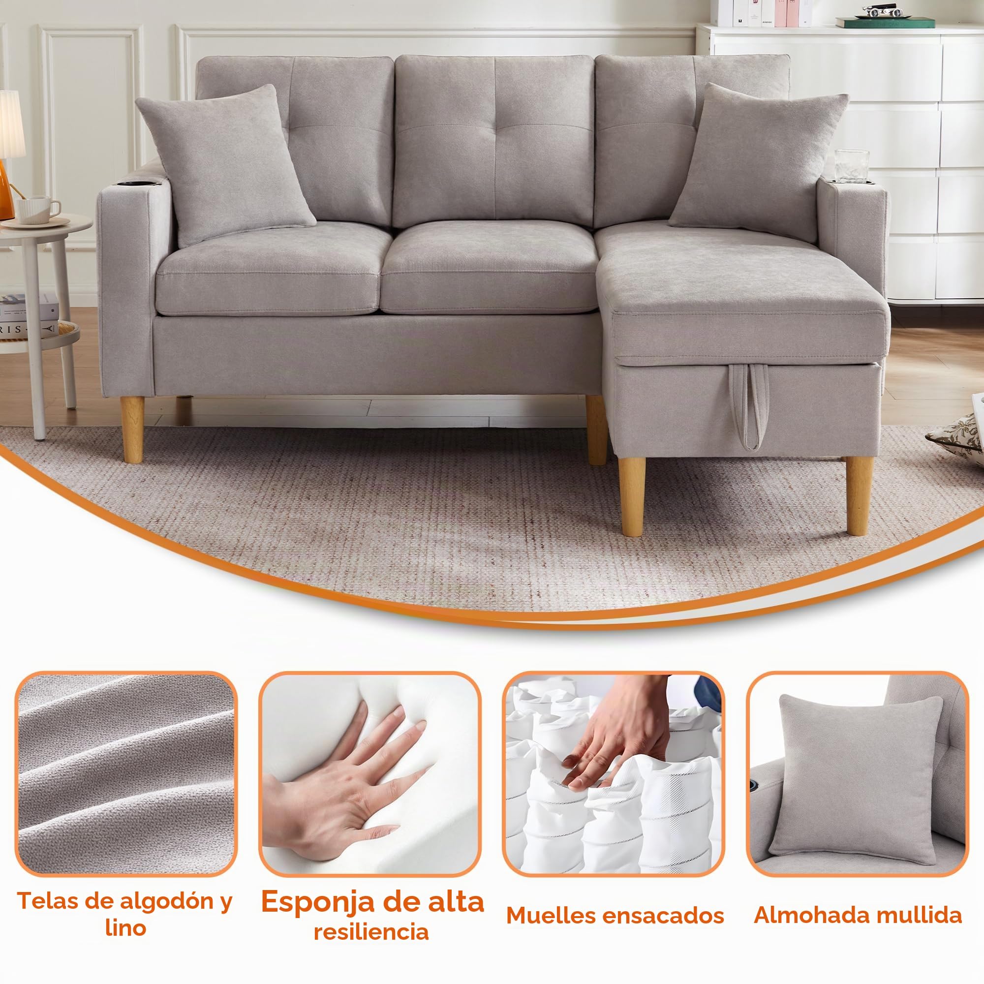 Sofá moderno en forma de L, sofá de 3 plazas con chaise longue, espacio de almacenamiento, soporte integrado para bebidas, viene con 2 almohadas, adecuado para salón, oficina, apartamento, etc., 175 x