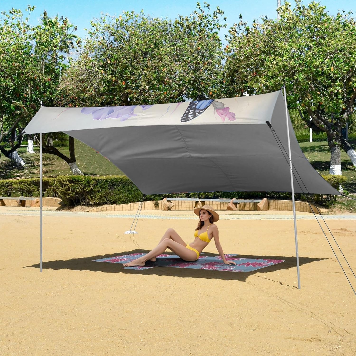ALAZA Butterfly Iris Flowers Beach Tent Sun Shelter UPF50+ Protection Beach Shade Canopy w/ 4 Sandbags for Outdoor Camping, Fishing, Backyard Fun, Picnic, 10x9 ft