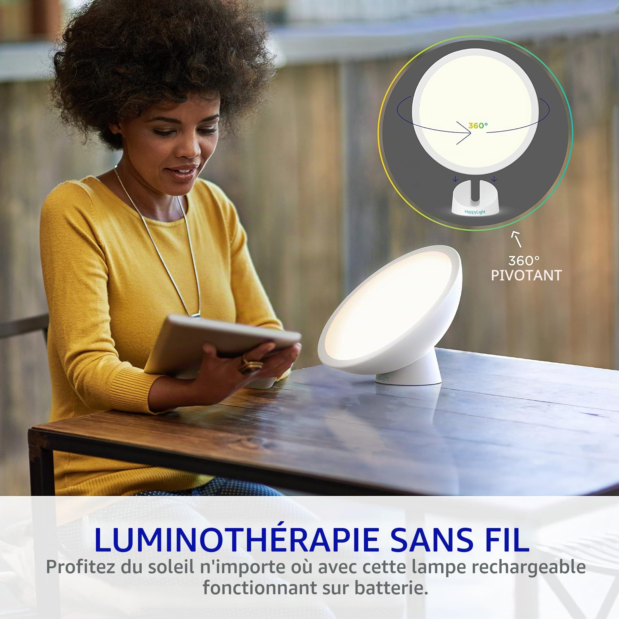 Verilux® HappyLight® Halo Lampe de luminothérapie LED sans fil avec base magnétique à 360° et batterie rechargeable pour lampe portable, sans UV, spectre complet de 10 000 LUX avec luminosité et