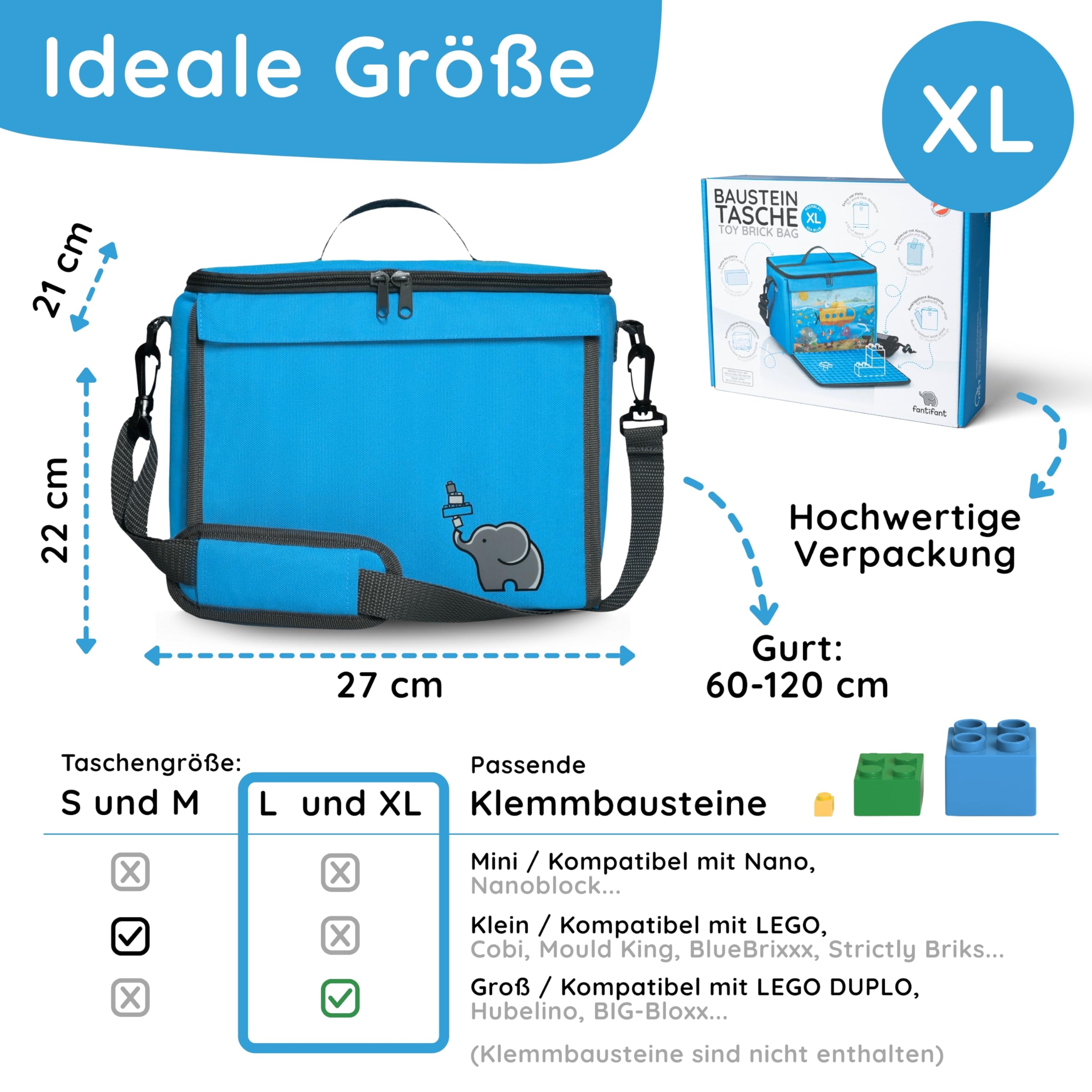 fantifant Baustein-Tasche XL ausklappbare Bauplatte meerblau