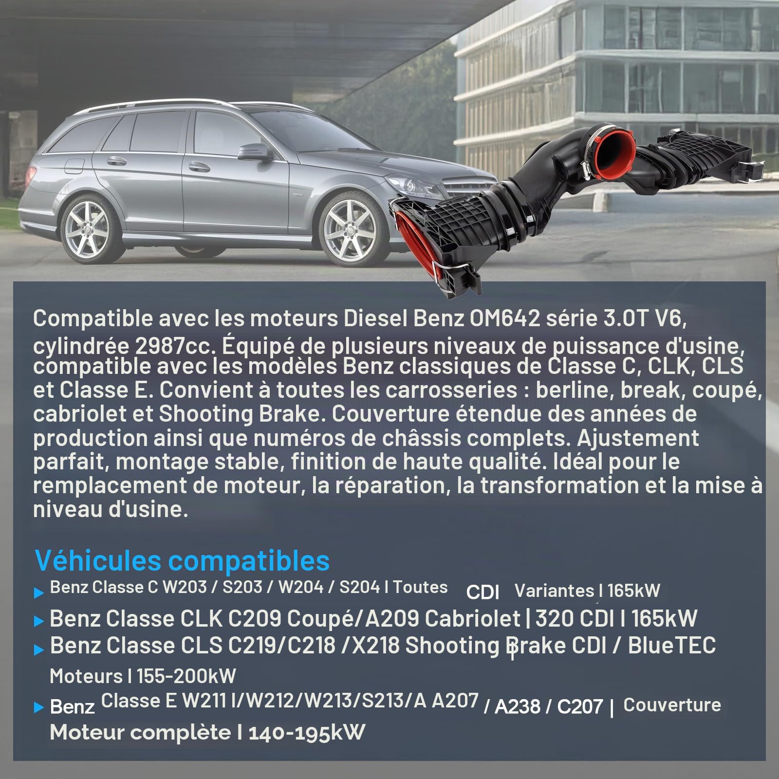 Débitmètre d'air massique 5 broches OE# 6420902242 0281006488 Compatible avec Benz GL350 2016 GLE350D 2016 GLS350D 2017 Tuyau d'admission d'air