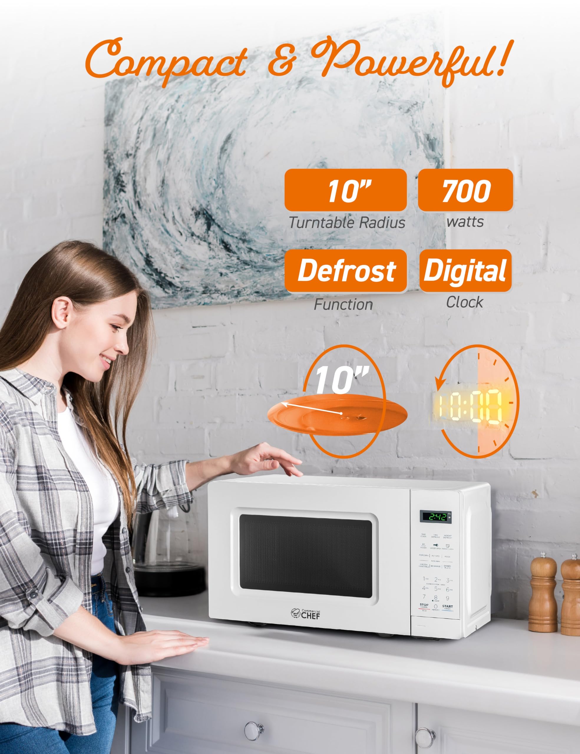COMMERCIAL CHEF Microonde da 0,7 Cu Ft con 10 livelli di potenza, forno a microonde da 700 W con display digitale, forno a microonde da banco con serratura di sicurezza per bambini, programmabile con