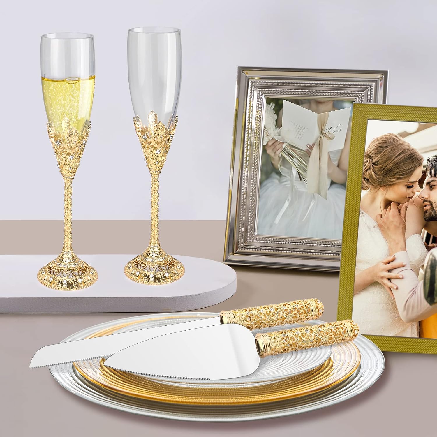 Champagne Flutes-Set of 2 Champagne glasses, Crystal Glasses&Metal Base, Toasting Flute Pair, Wedding Anniversary, Party,Birthday,Banquets,Gifts for Bride and Groom 6 oz-Gold - Image 9