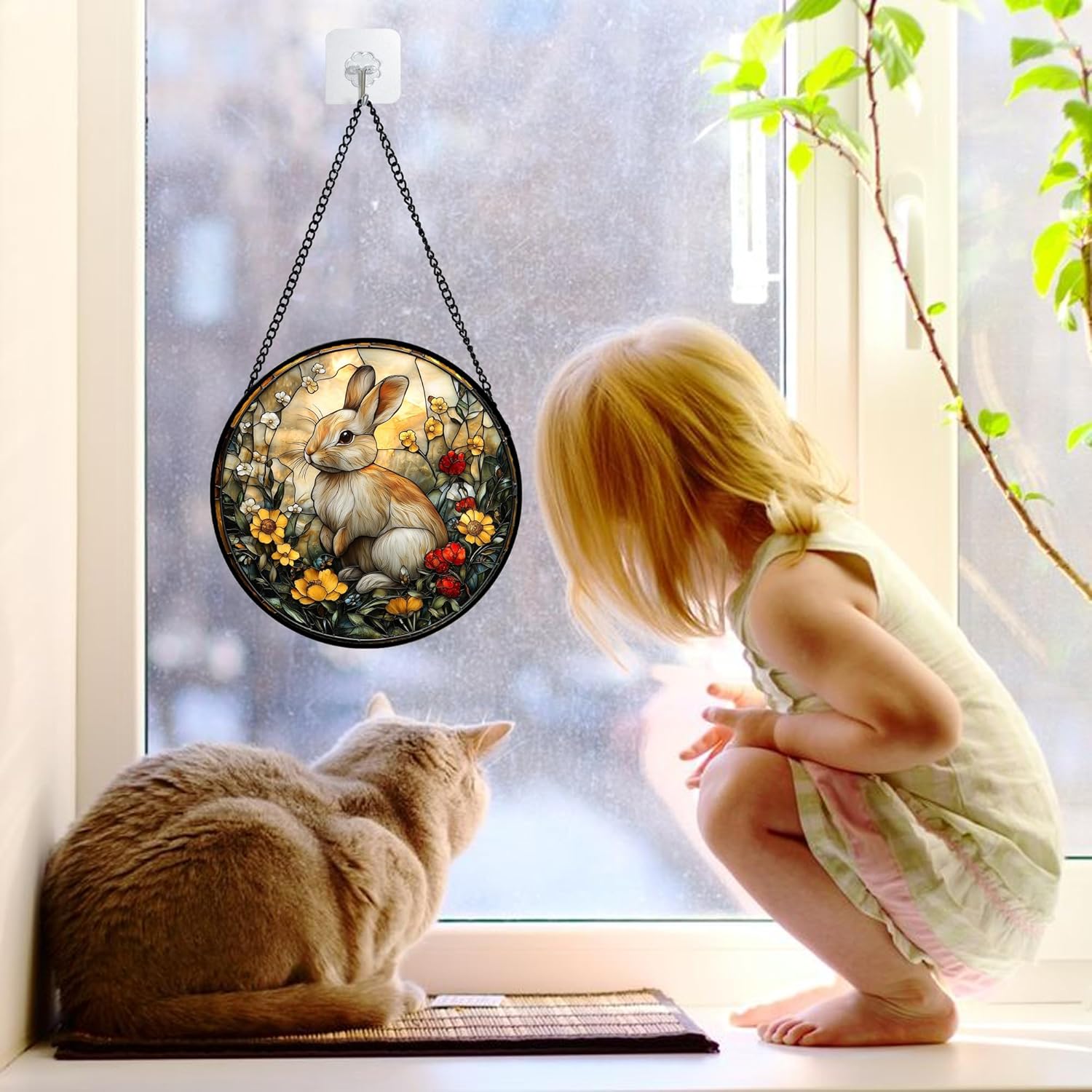Stained Glass Window Hanging - Rabbit Flowers Suncatcher Ready to Hang Window Doors Home Decoration, Easter, Mother's Day Birthday Gifts for Women, Men, and Mom 6.3x6.3 in - Image 3