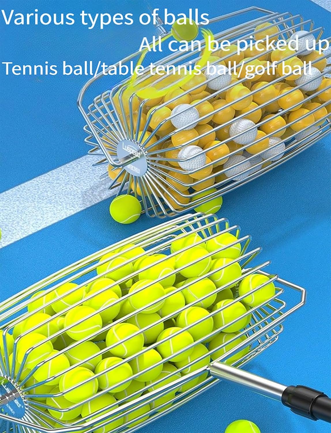 Tennis Ball Retriever Roller,Tennis Ball Collector, Large Capacity Stainless Steel Picker Upper for Training and Practice(34x23x73–107cm(13x9x29–42in))
