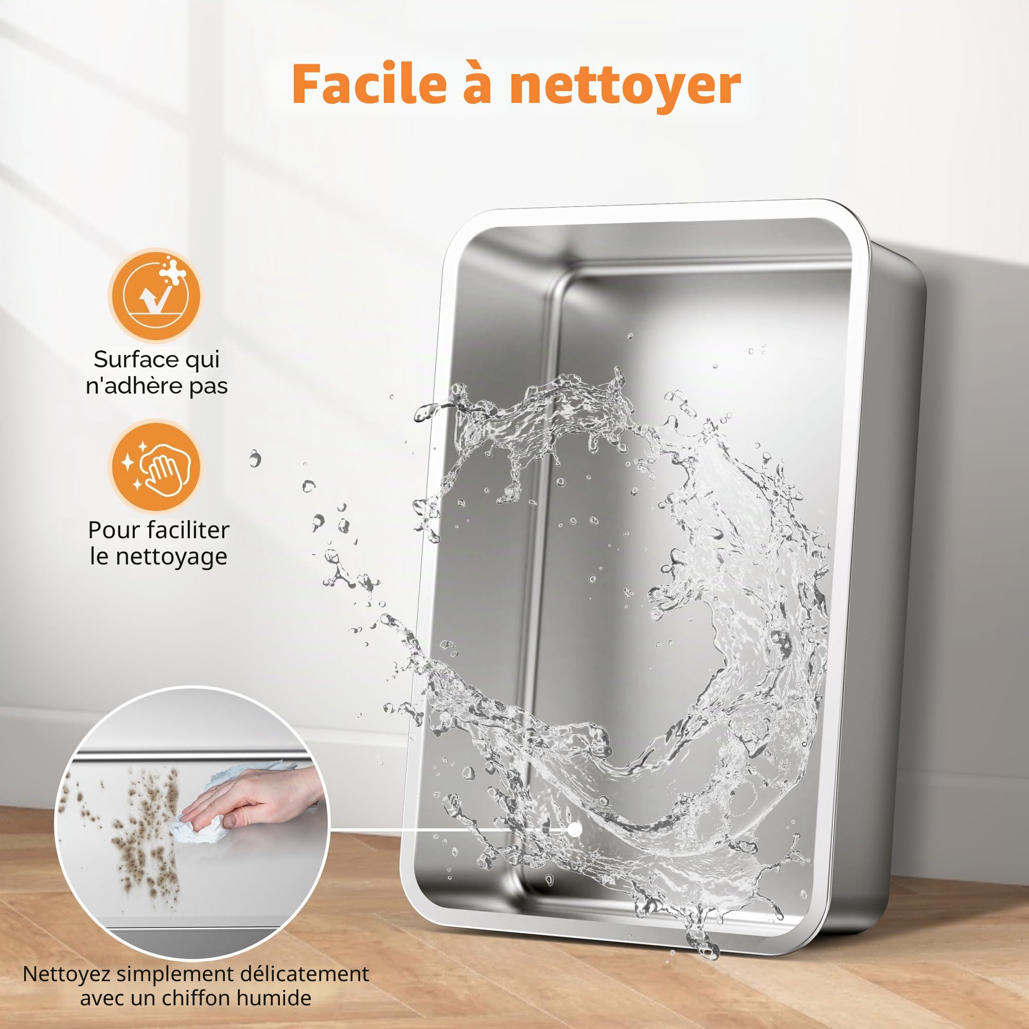 FURTIME Bac à Litière pour Chat, XXL Bac Litiere en Acier Inoxydable, Design Ouvert Facile à Nettoyer, avec 30 L Grande Capacité, avec Pelle à Litière en Acier, 58 x 37 x 28.5 cm