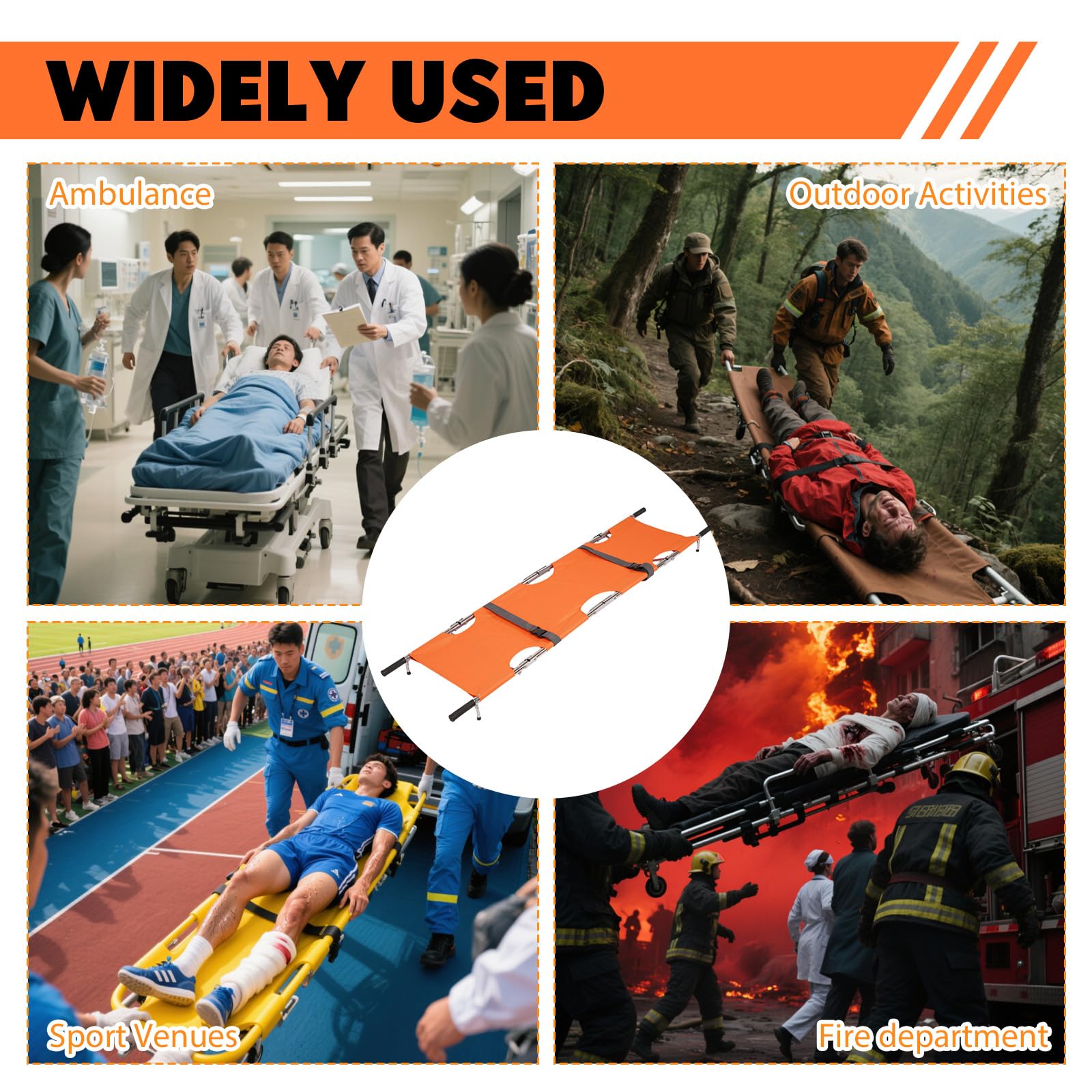 Brancard médical d'urgence pliable, brancard portable pour urgences médicales avec poignées robustes, brancard de premiers secours professionnel pour hôpitaux, cliniques, terrains de sport