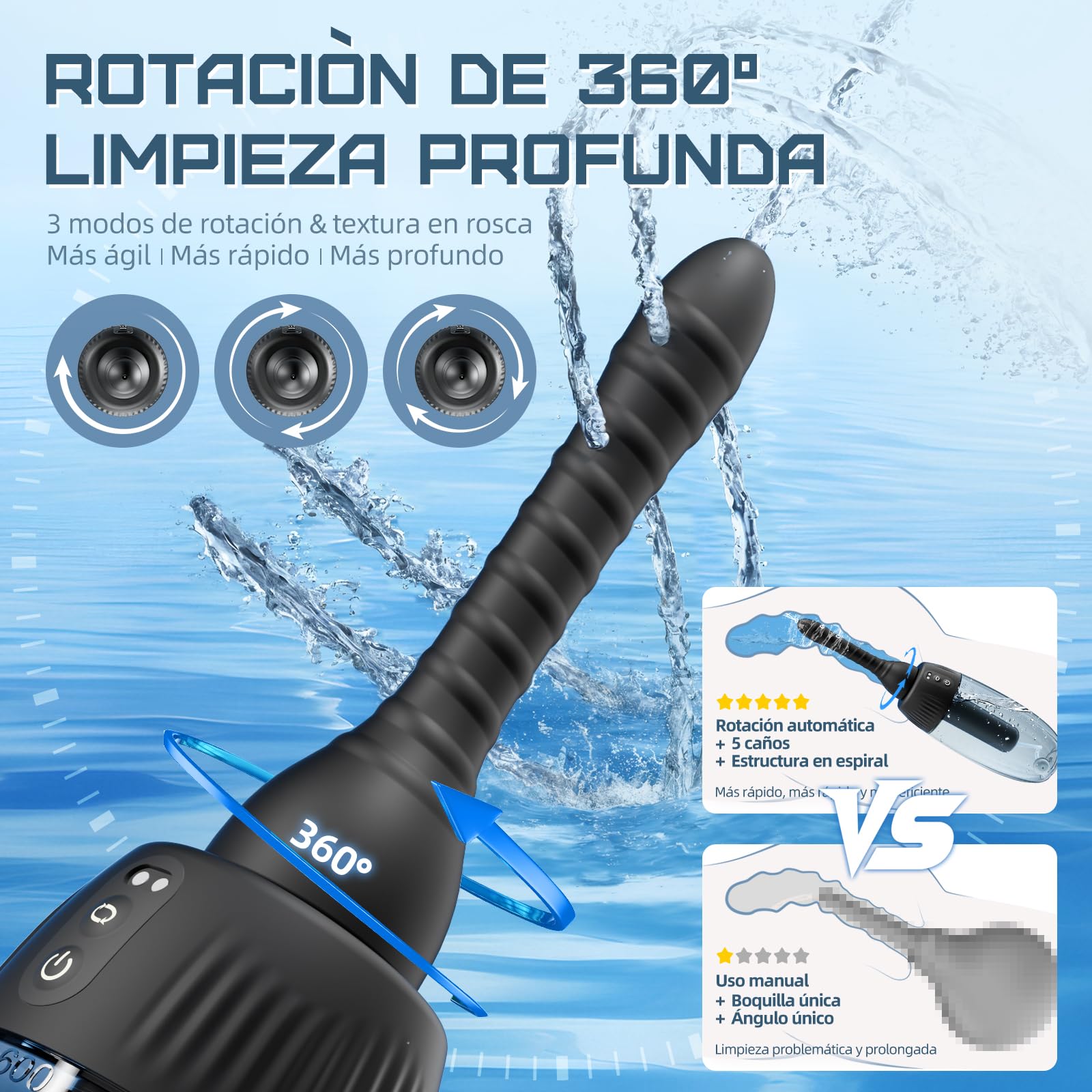 Ducha anal Enema rotatorio automático - 20oz Duchas para hombres y mujeres Limpieza profunda de 360° 5 caños con 3 velocidades de rotación y rociado