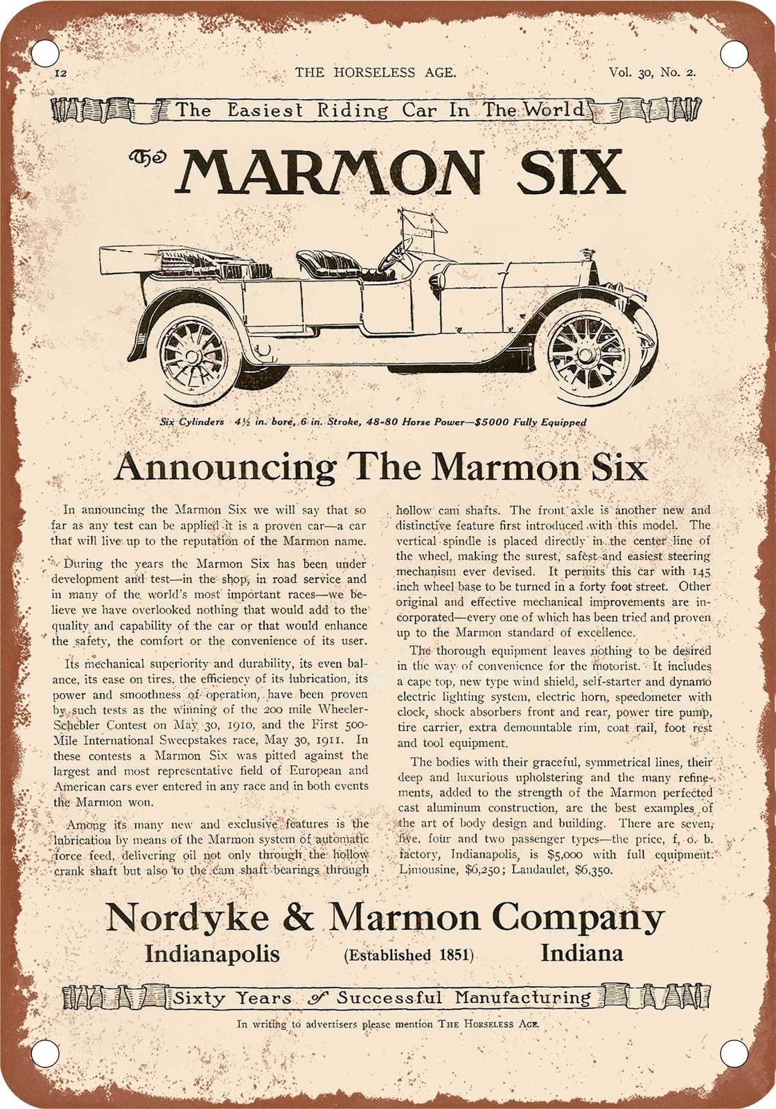 Miaomansenstore Metal Sign - 1912 Marmon Vintage Ad 02 - Old Retro Rusty Look Home Decor