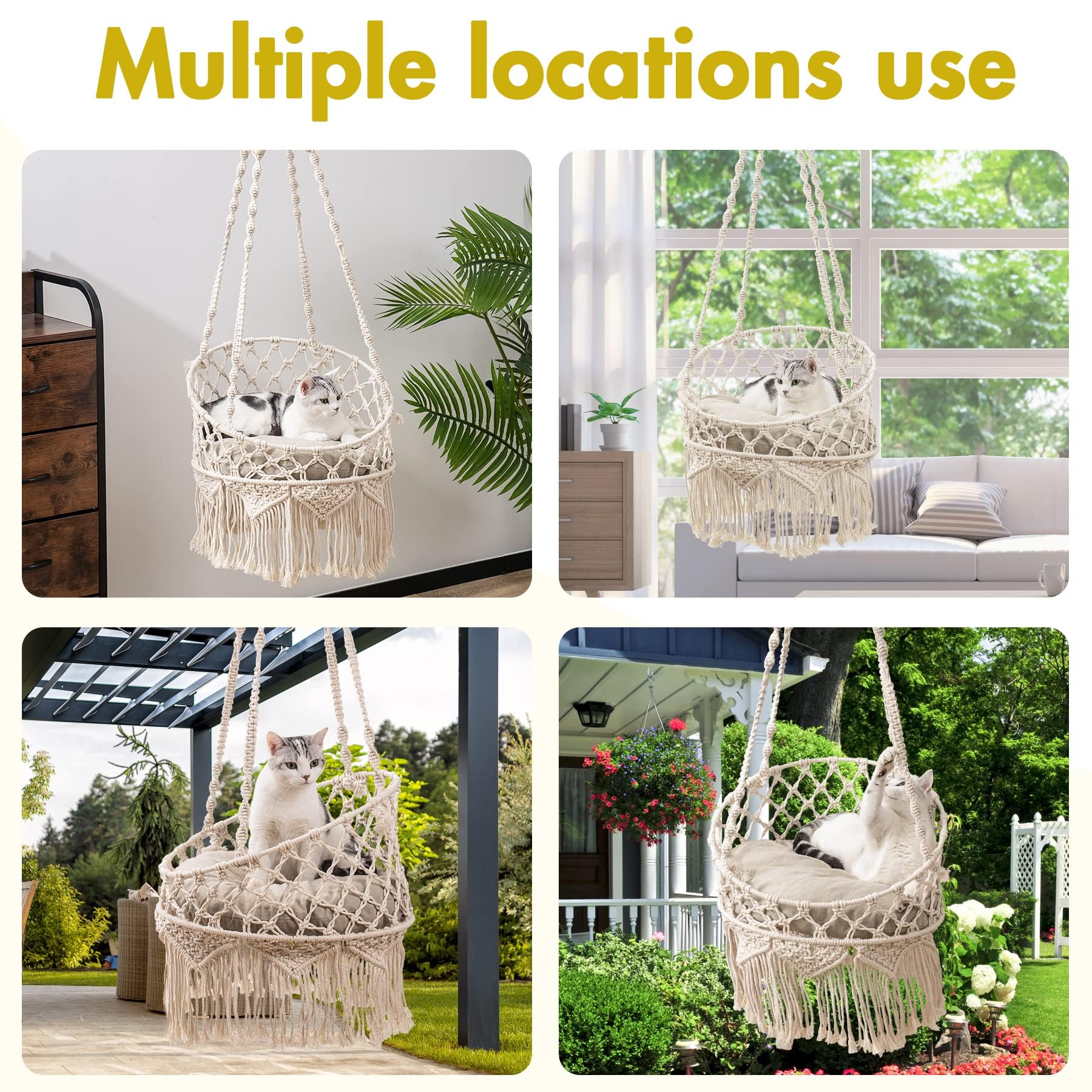 MEWOOFUN Hamaca de macramé tejida a mano, columpio bohemio para gatos de interior, cama colgante decorativa para dormir, jugar y relajarse, cama columpio para mascotas con kit para colgar (estilo 1)