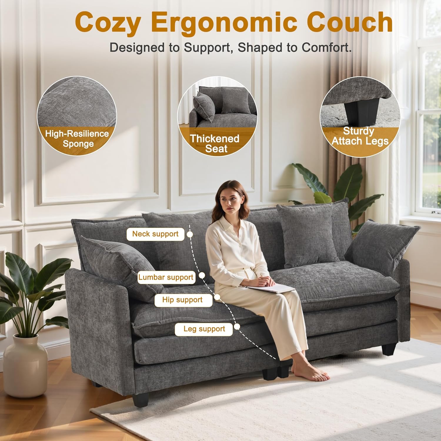 77" Cloud Chenille Sofa Set with Pillows, Deep Seat Loveseat Couch for Apartments, Space Saving 2-Seater with Solid Wood Frame, Easy Assembly (1YR Guarantee)​