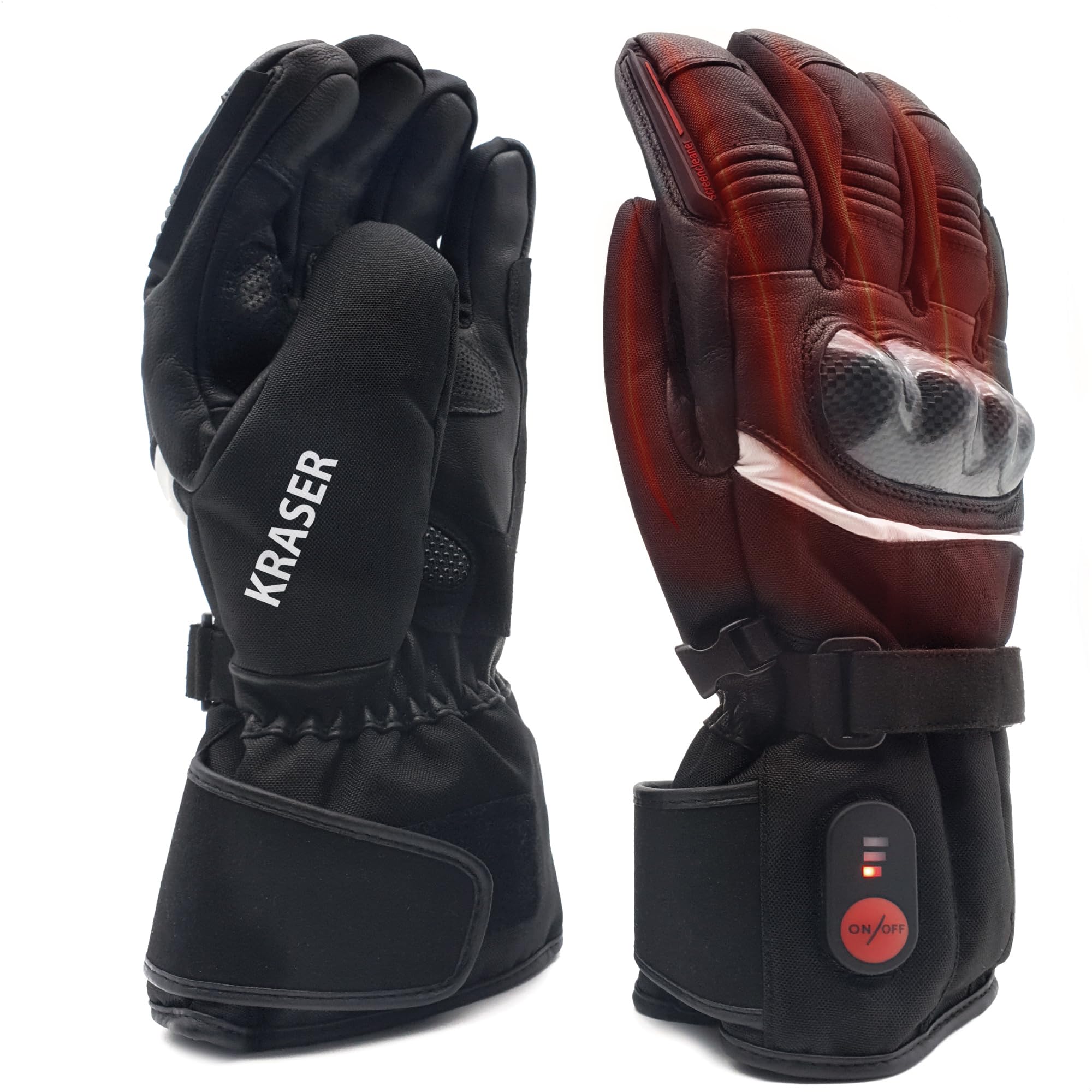 KRASER KRGS28 Guantes de Moto Premium Homologados CE, Calefactables e Impermeables, Testado Extremo y Protección Fibra Carbono, 3 Niveles de Calor para Invierno Hombre y Mujer