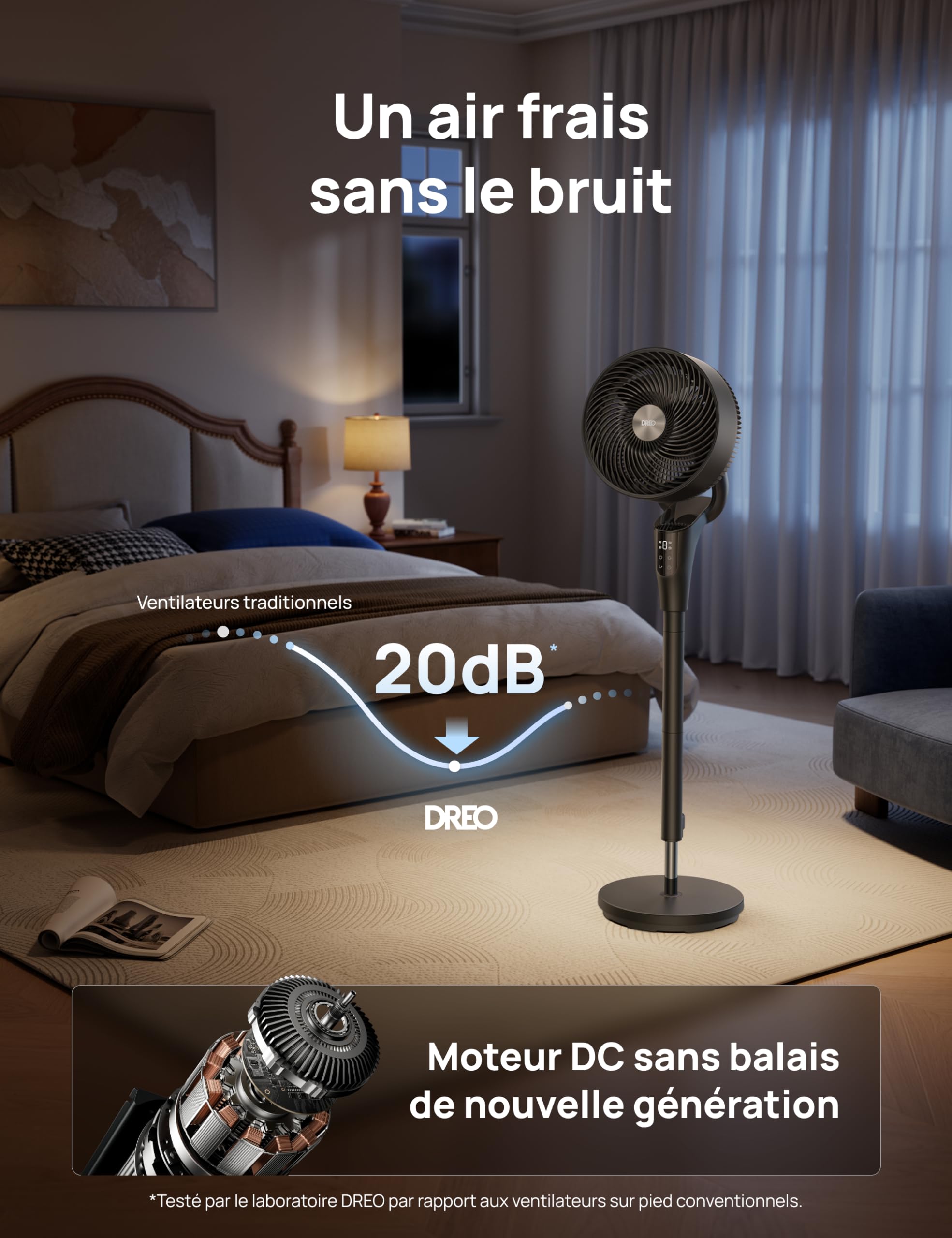 DREO Ventilateur sur Pied Silencieux pour Chambre [Amélioré], Flux d’Air 27m, 20dB, Oscillation 90°, Moteur DC, 8 Vitesses, 3 Modes, Hauteur 96–106 cm, Minuterie 8H, Inclinaison 105°