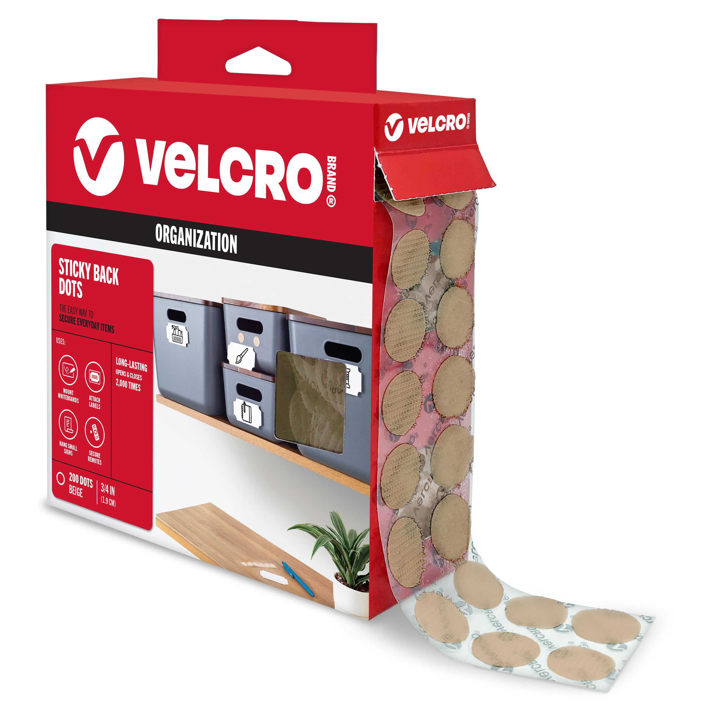 VELCRO Brand Sticky Back Dots | 200 Pk, Beige | 3/4" Circles | Perfect for Classroom, Home or Office | Adhesive Backed Round Hook and Loop Strips, 90140