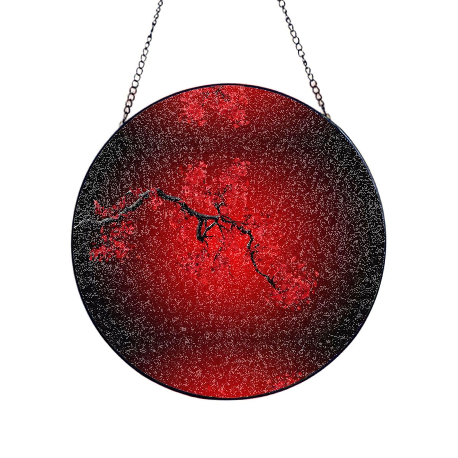 Phayah Red Cherry Blossom Print Glass Window Hanging Sun Catchers Suncatcher Decor For Birthday For Home Garden Porch 6in（15cm）