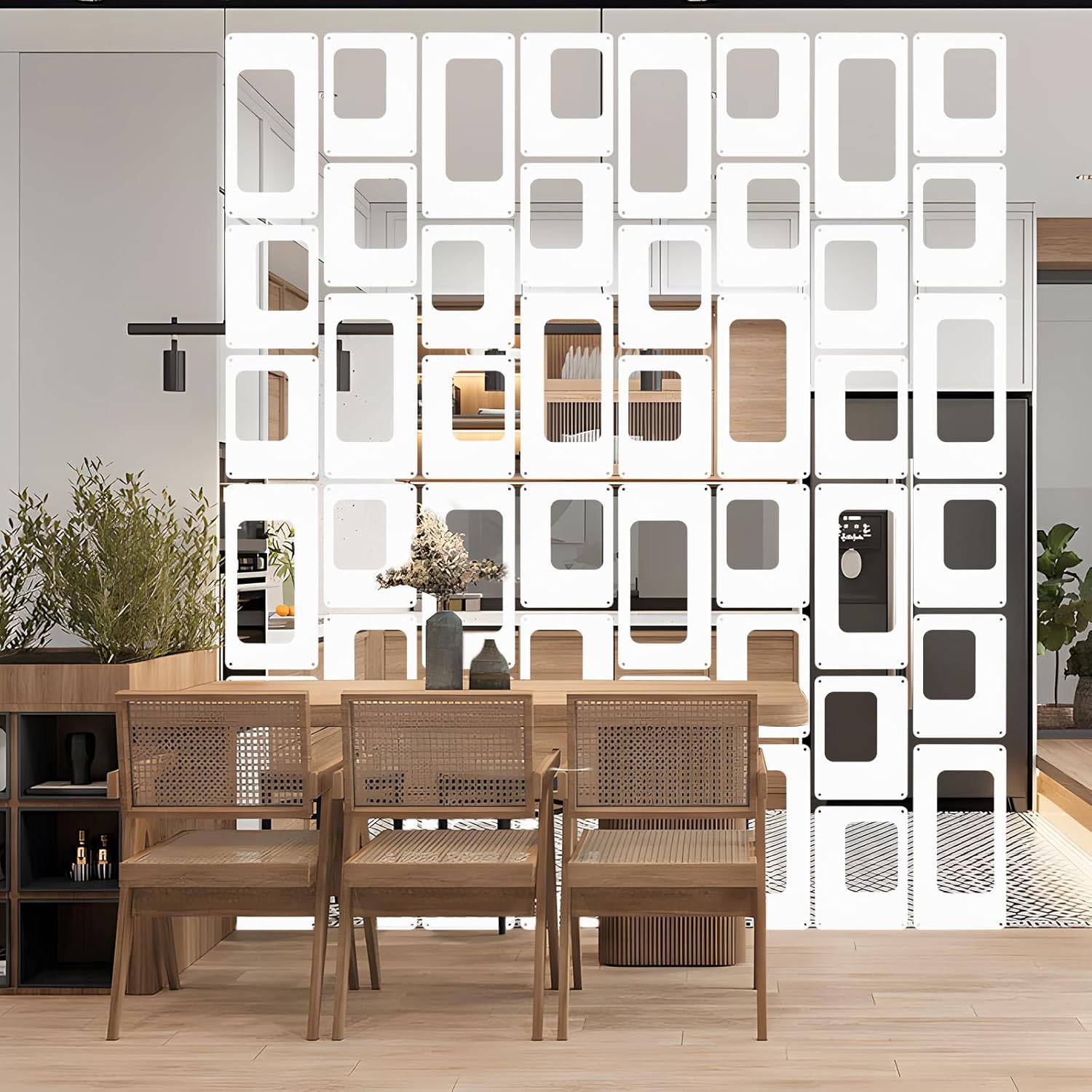 ANMINY 24 PCS Hanging Room Divider Decorative Thick Wall Privacy Screen Panels Set Modern Geometric Pattern Hollow Out Design for Bedroom Living Dining Room Kitchen Office Restaurant Decor - White