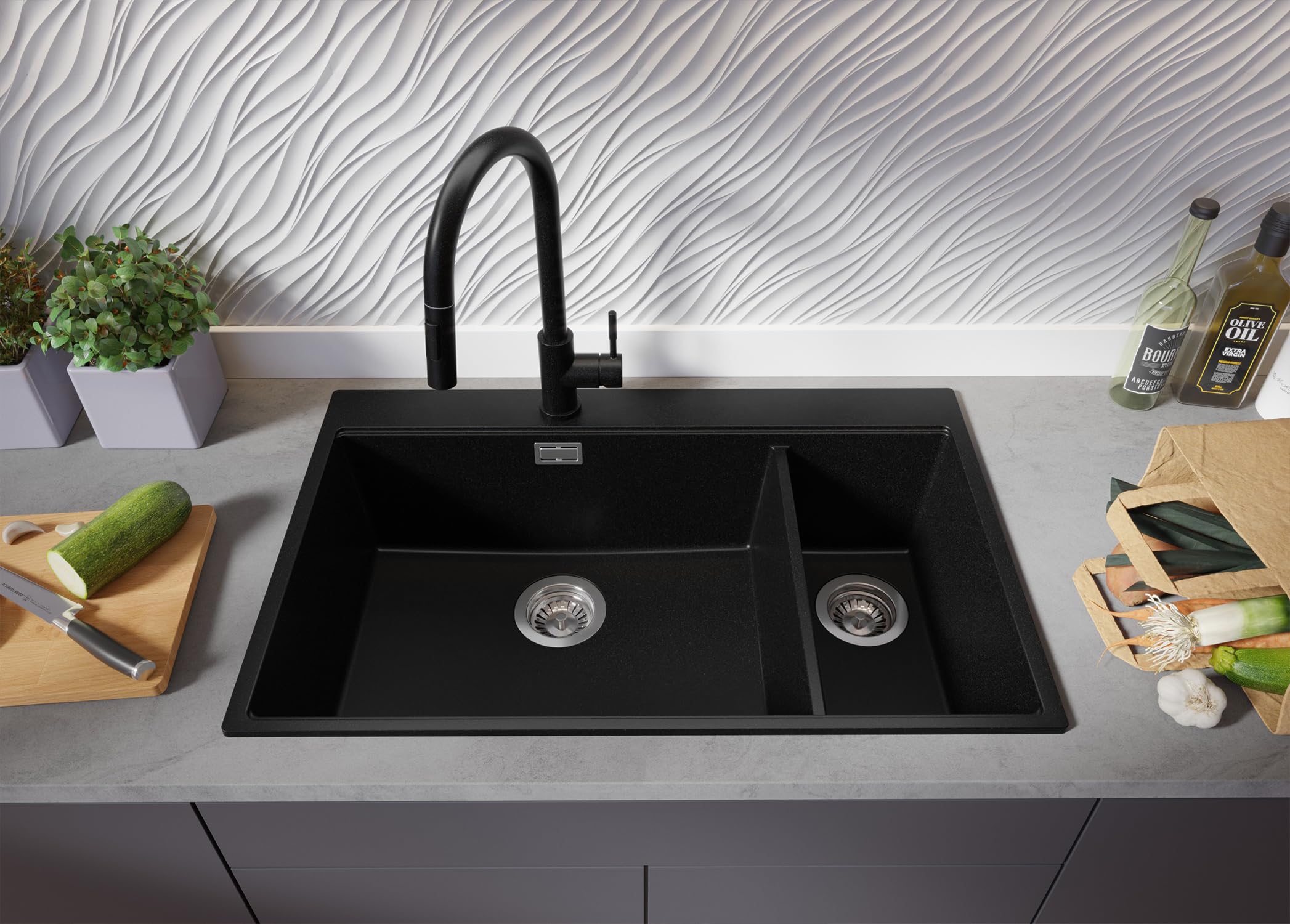PRIMAGRAN Fregadero Granito Todo Negro 78x50cm, Cocina 2 Senos + Grifo 40x38cm + Sifón + Tabla de Cortar, Sobre Encimera al Mueble 80cm - Oslo Duo Top S100