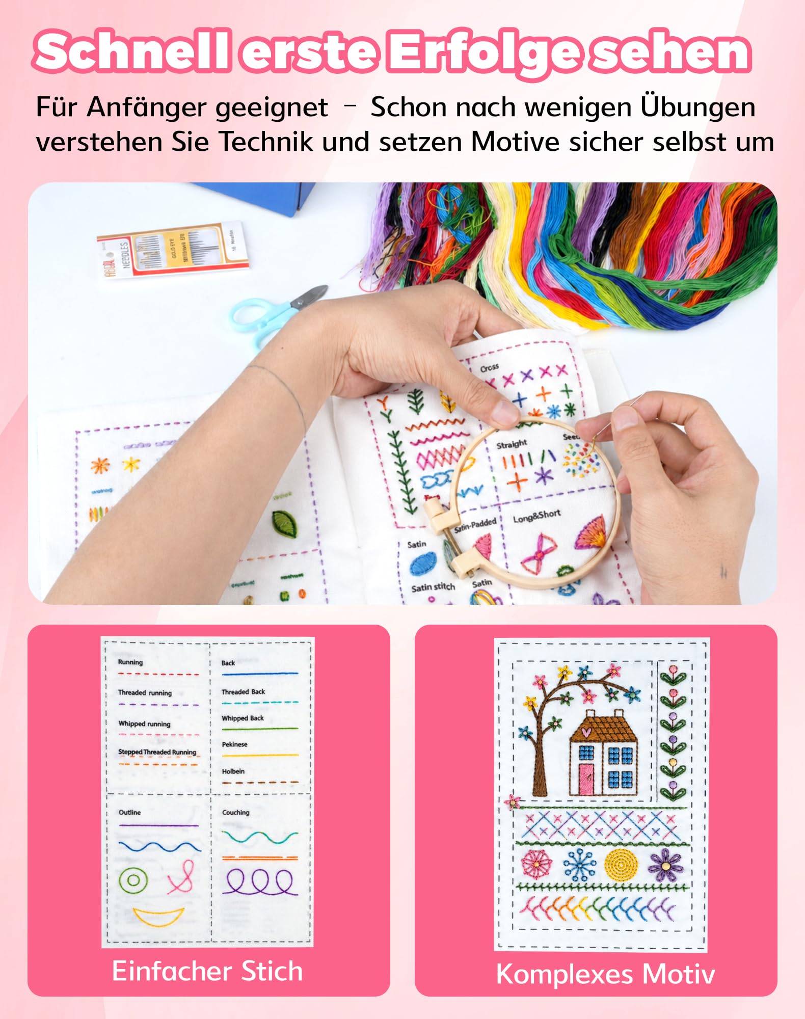 Stickbuch mit Stickstichen Komplettes DIY Stickbuch zum selber Sticken Stickset für Anfänger Erwachsene inkl. Garn Nadeln Übungsstoff, Systematisches Lernset Stickset Buch Stichbuch Embroidery Book