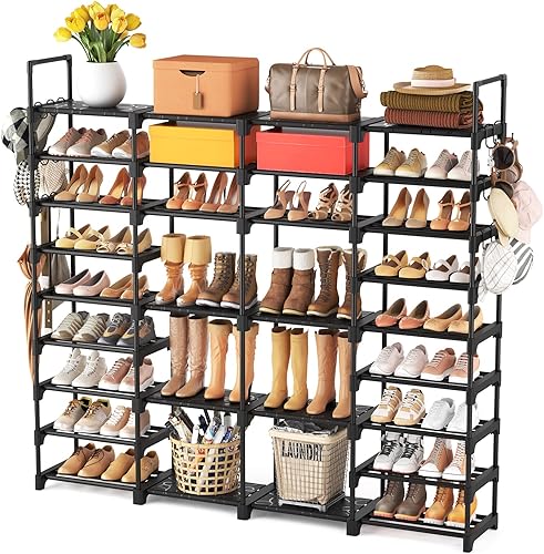 Miniatura 9 de ROJASOP Organizador grande de zapatos para armario 64 a 68 pares de 9 niveles resistente almacenamiento de zapatos con 18 ganchos laterales